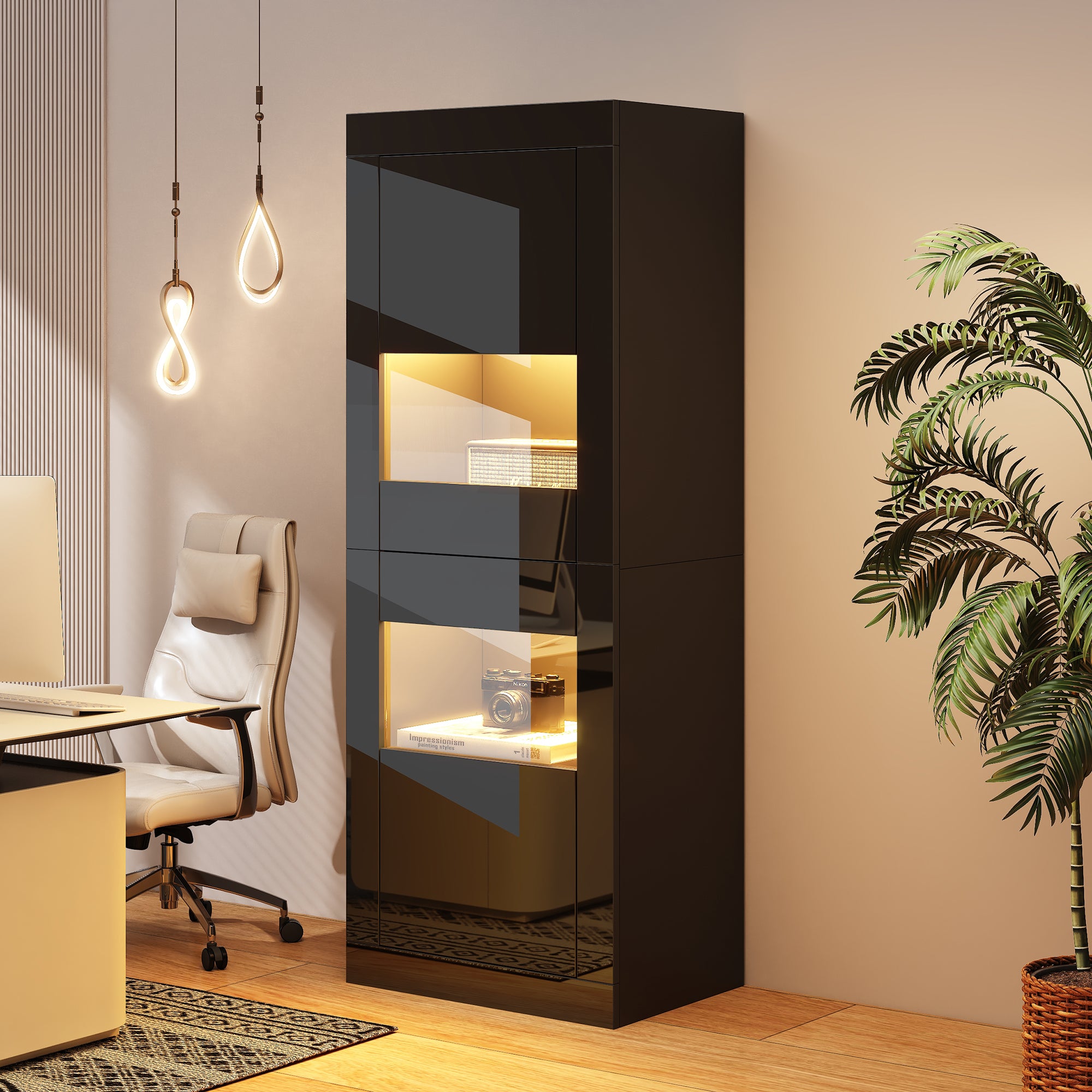 Lakierowana na wysoki połysk witryna 61x42x162 cm - z oświetleniem LED - 2 drzwi - regulowane szklane półki - Czarny