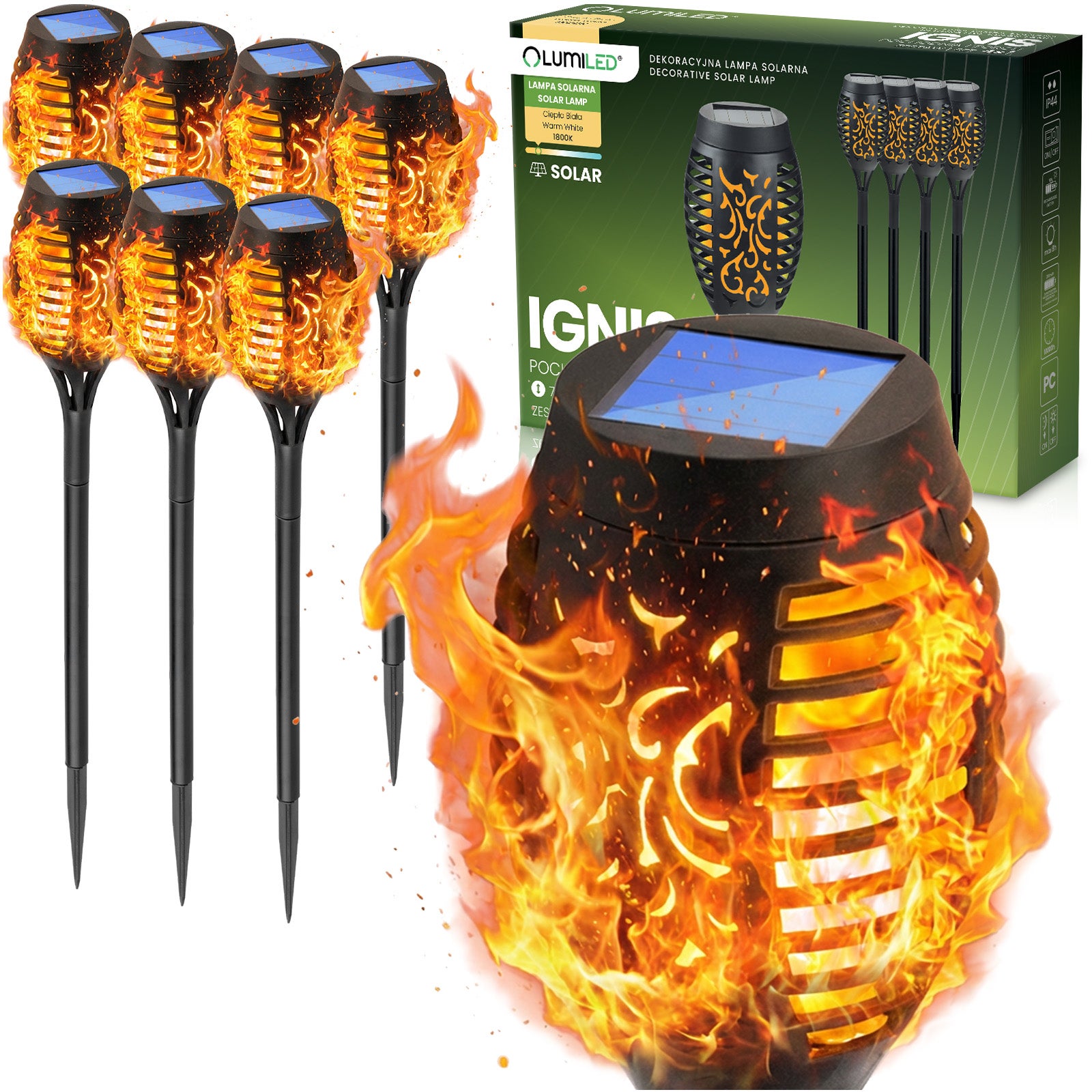 Lampa Solarna Lumiled Ogrodowa LED Wbijana Pochodnia Efekt Płomienia 50cm 8 szt.