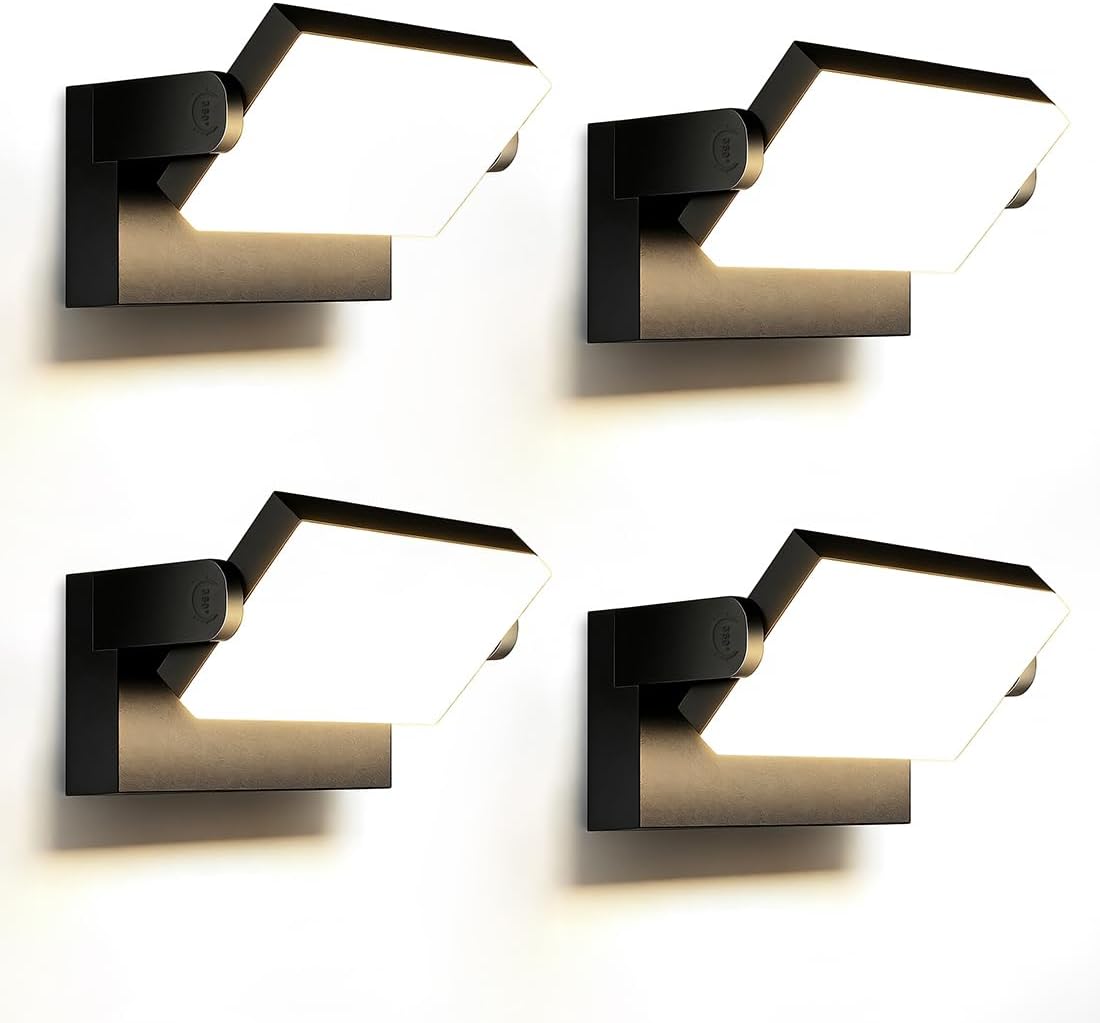 (Czarny, 4 sztuki) IP65 Wodoodporna lampa ścienna LED do użytku wewnątrz i na zewnątrz z obrotowym panelem LED 360° do tarasu i ogrodu