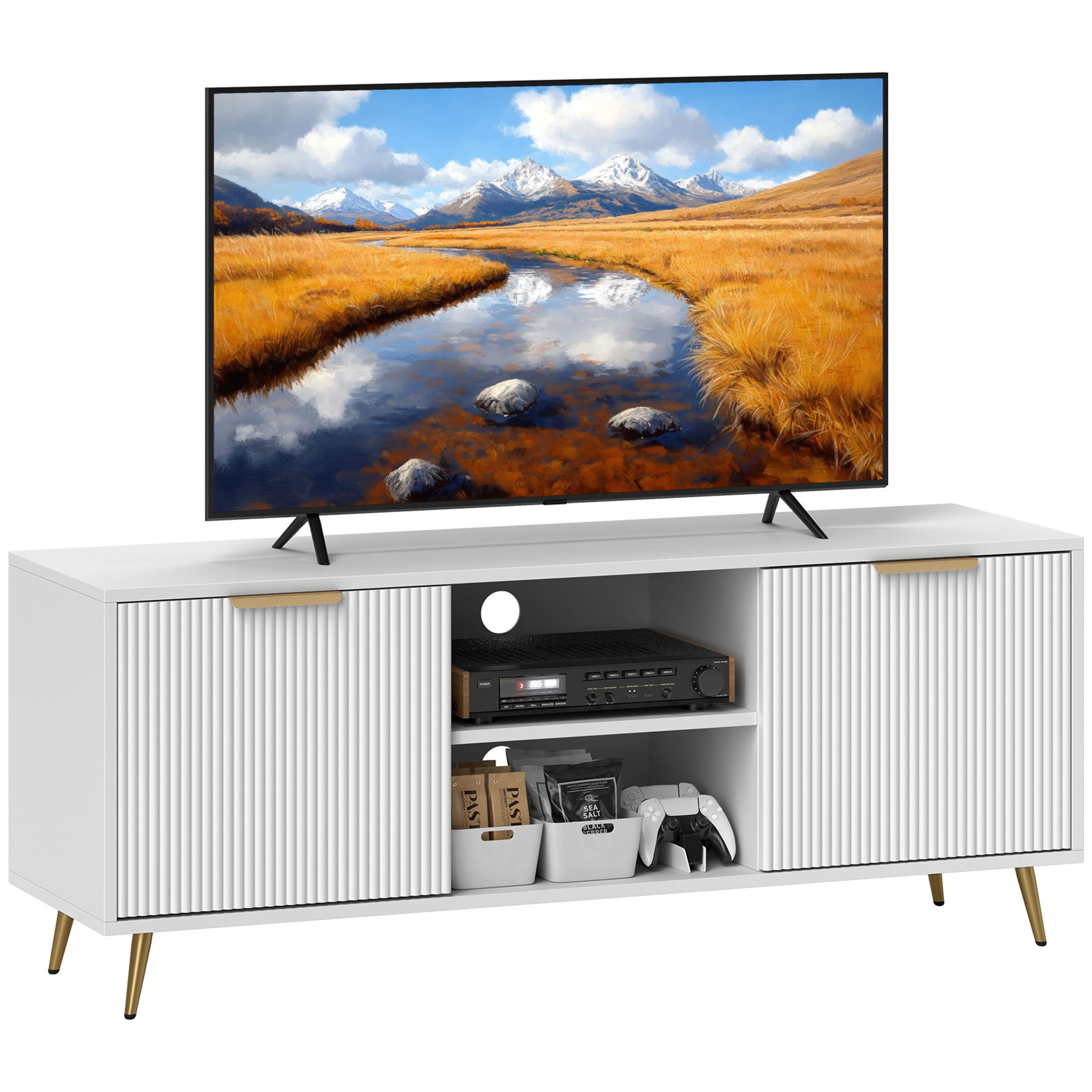 Stojak pod TV z 2 otwartymi przegrodami i 2 drzwiami, odpowiedni do telewizorów 55 cali, 120x35x48 cm, biały