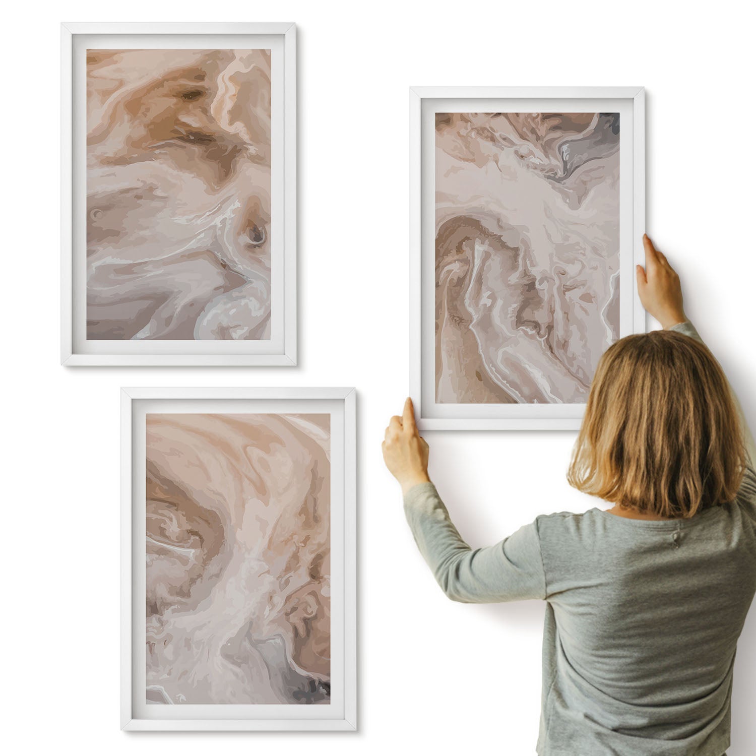Galeria ścienna 3-częściowy komplet obrazów w białych ramach - Marmurowe wzory abstrakcyjne tekstury kamienia - ArtPrintCave