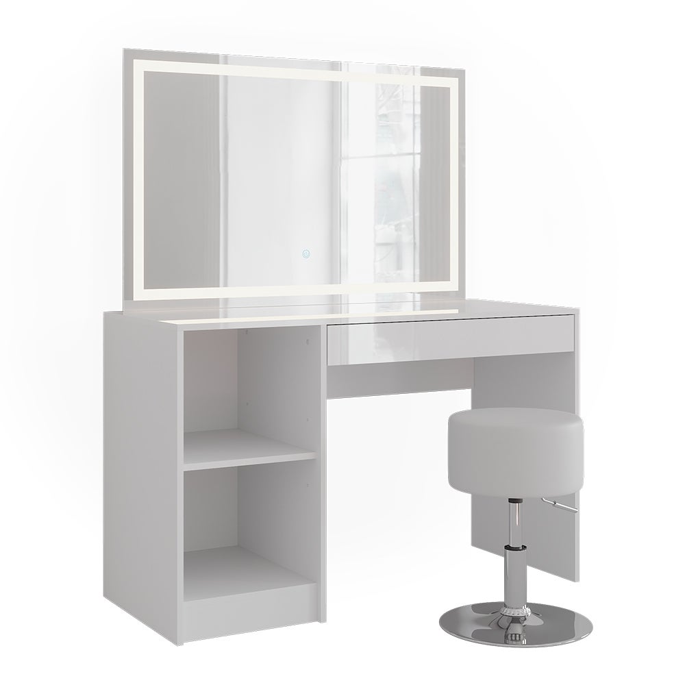 Vicco Stół do toalety Sherry, Biały/Biały wysoki połysk, 119.8 cm z lustrem LED i stołkiem