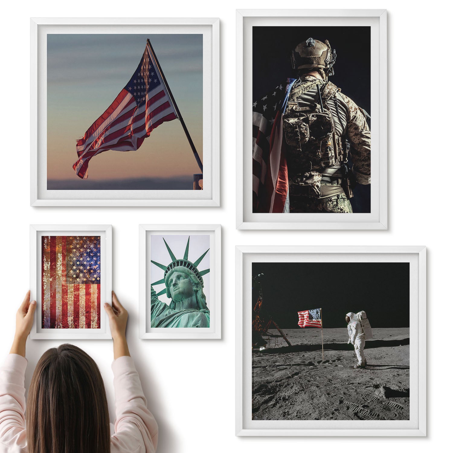 Galeria ścienna 5-częściowy komplet obrazów w białych ramach - Amerykańska symbolika patriotyzmu historia i odkrycia - ArtPrintCave