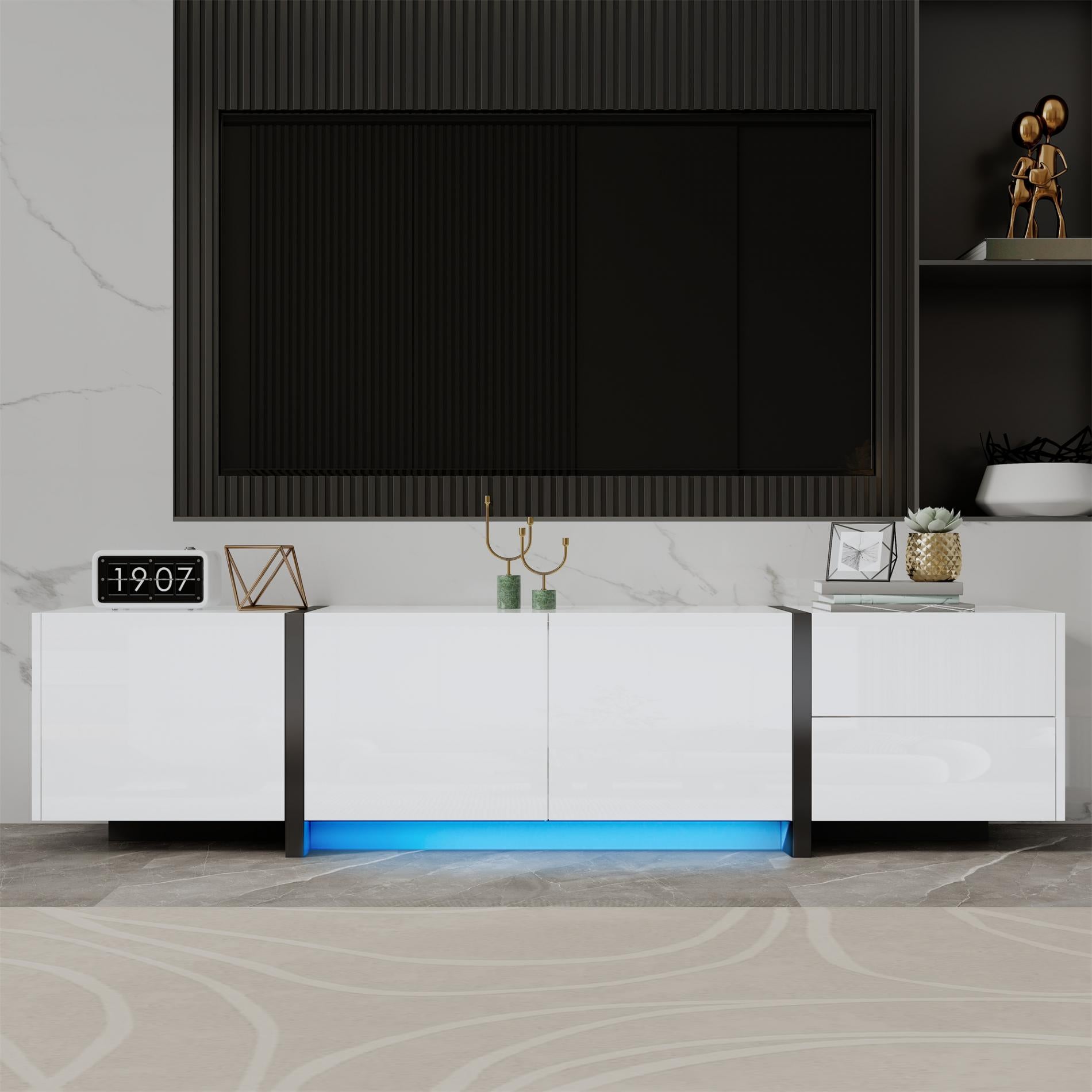 Nowoczesna szafka pod telewizor z pojemnym schowkiem, elegancki czarno-biały design, 3 drzwi i 1 szuflada, powierzchnia o wysokim połysku