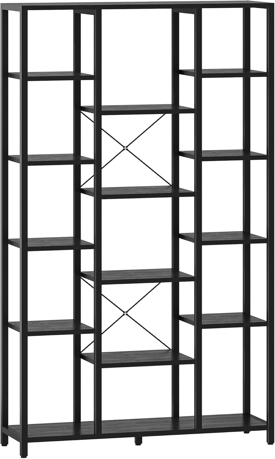 Regał, 6-poziomowa biblioteczka z 15 otwartymi półkami, regulowany regał do salonu lub biura domowego, 30 x 100 x 170 cm, Czarny z usłojeniem drewna