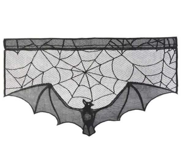 Zasłony na Halloween 95*57 cm, czarne, koronkowe, z pajęczą siecią i nietoperzem, dekoracja na drzwi na Halloween (czarne, 95*57 cm/38*23 cale)