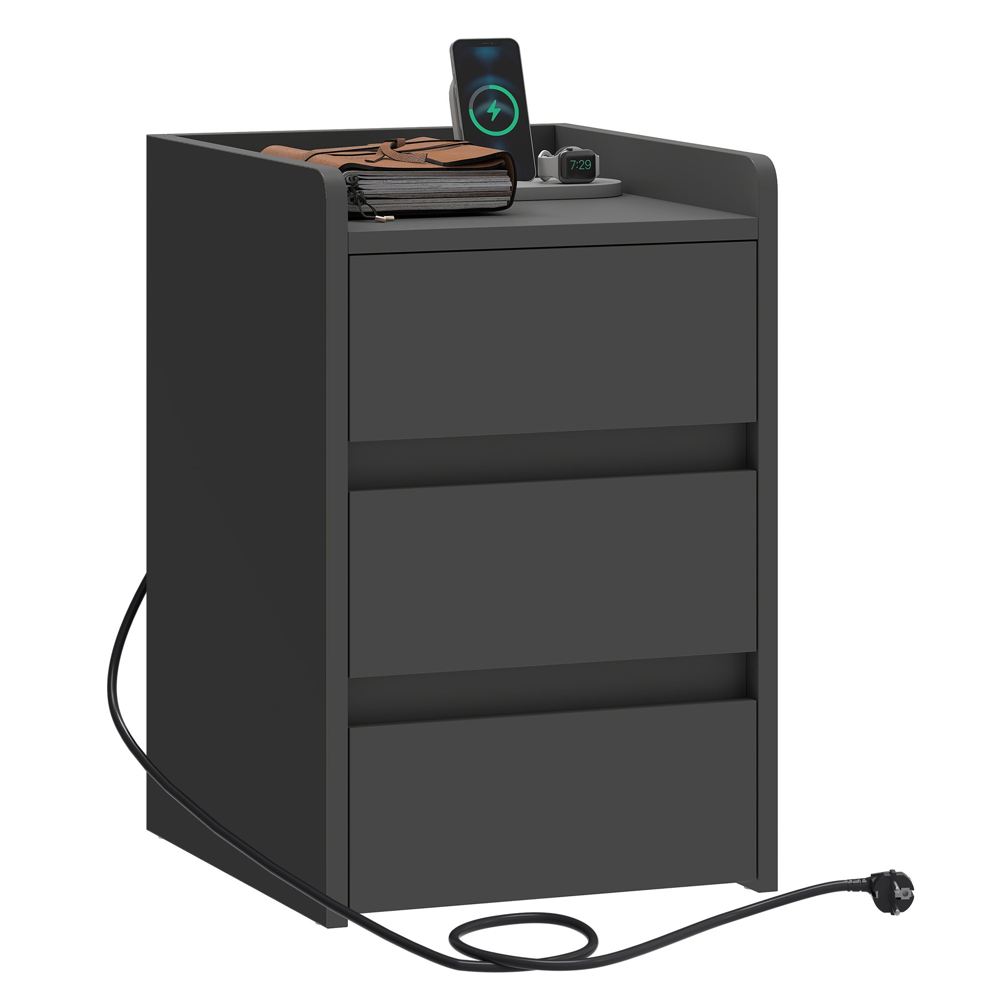 YITAHOME Szafka nocna 3 szuflady, gniazdka, 2xUSB, szara, wodoodporna, do sypialni i salonu