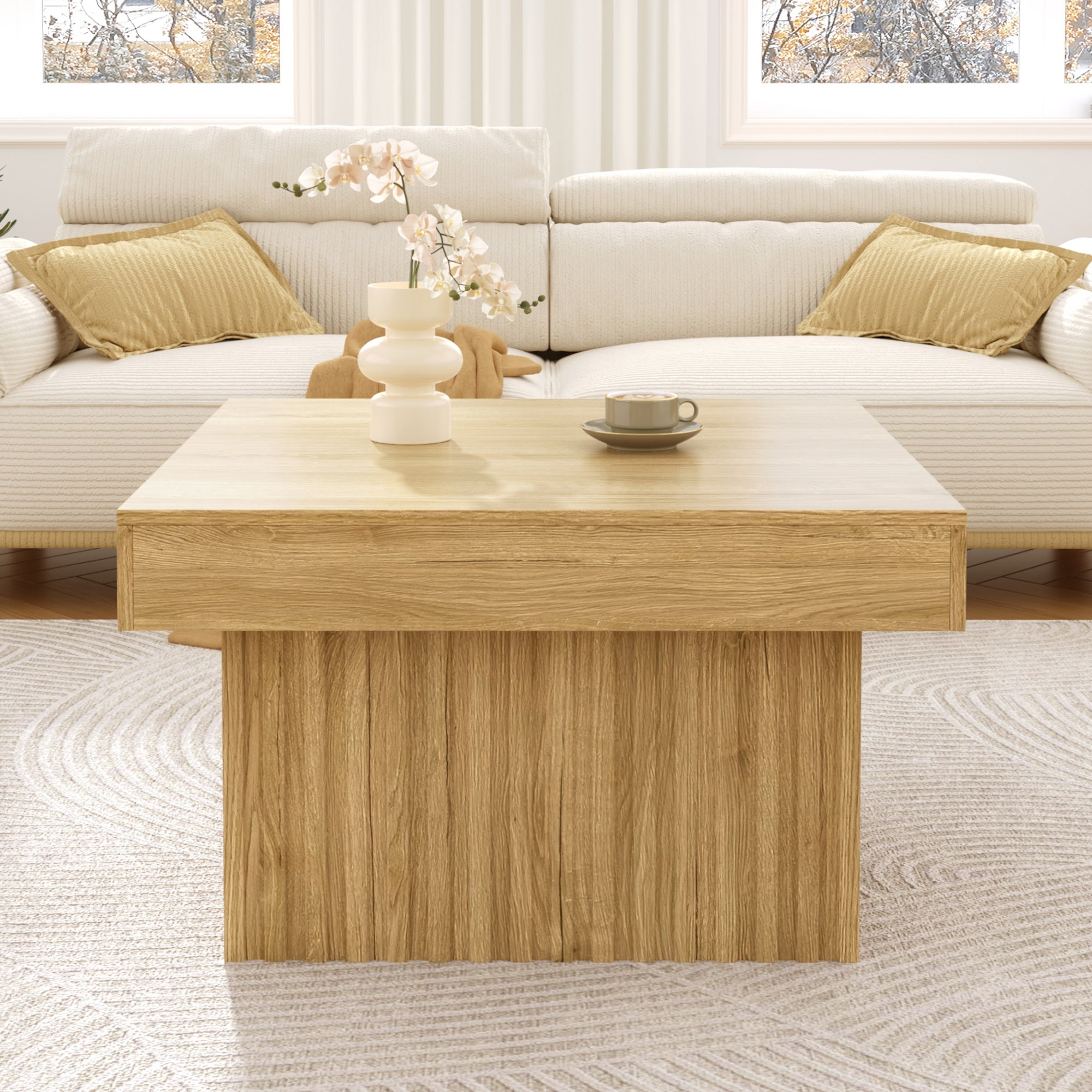 Elegancki drewniany stolik kawowy z blatem PB i podstawą MDF, 79x79x46 cm, Nowoczesny design, solidny i wszechstronny