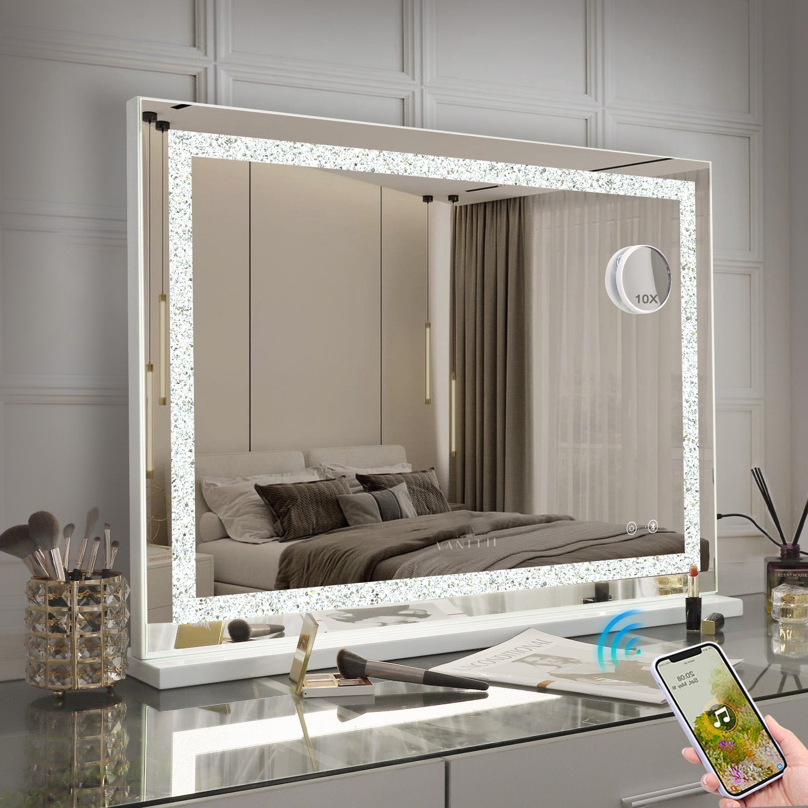 Lustro kosmetyczne Hollywood z oświetleniem LED do toaletki/ścienne - 80 x 58 cm - Kryształowa listwa LED - Głośnik Bluetooth