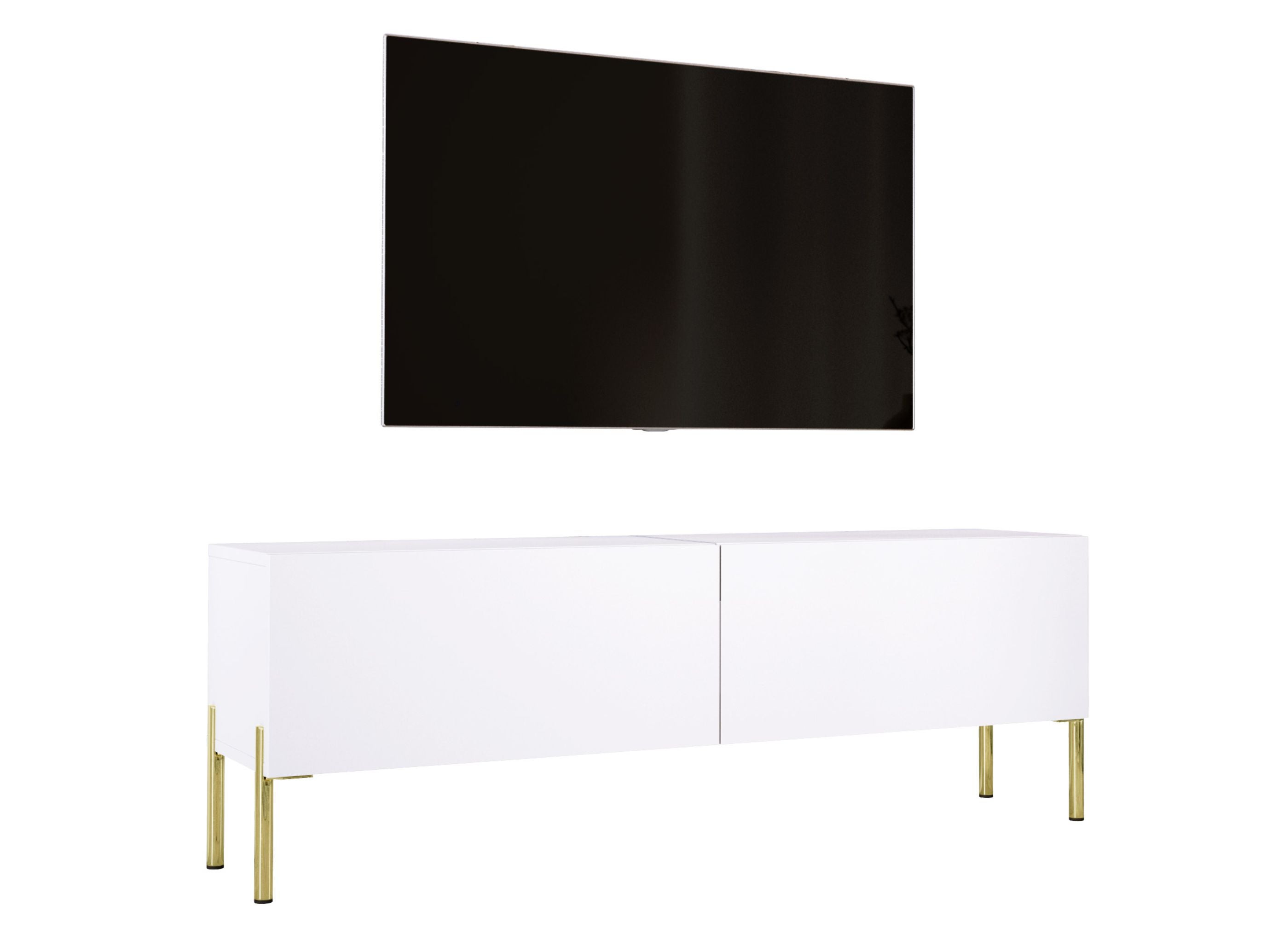 Szafka RTV: Biała matowa, złote nogi, 140 x 52 x 32 cm