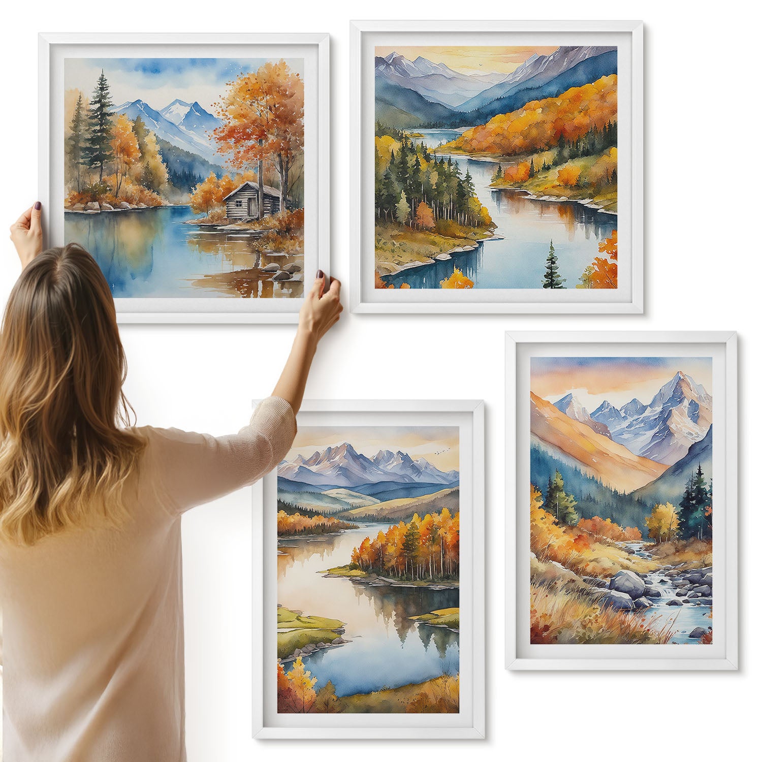 Galeria ścienna 4-częściowy komplet obrazów w białych ramach - Widoki górskie z rzeką i jesiennymi drzewami - ArtPrintCave