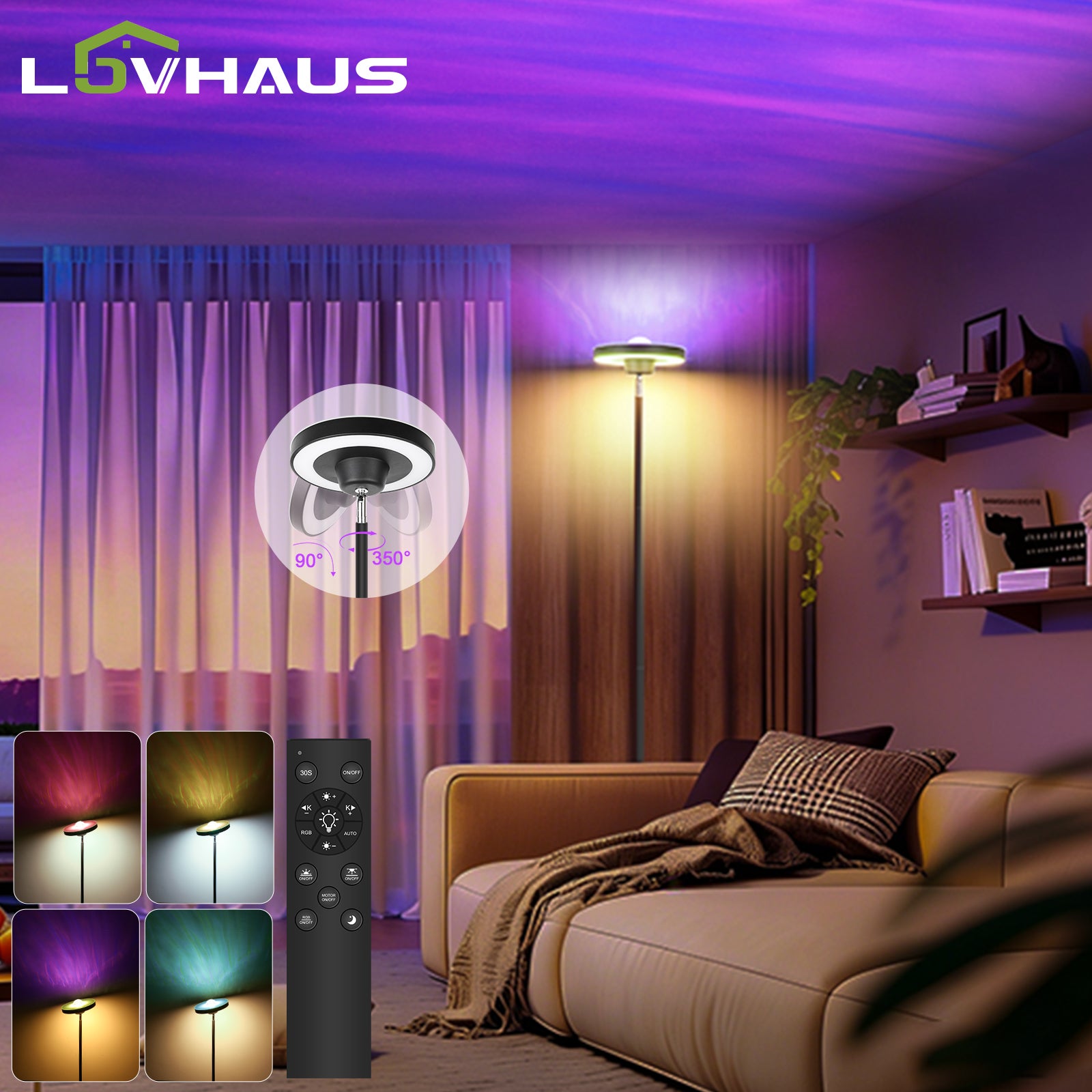 Lampa podłogowa LED 24W 175 cm czarna, nowoczesna lampa RGB, falisty design, 2700-6500K regulacja jasności, oświetlenie salon sypialnia, LOVHAUS