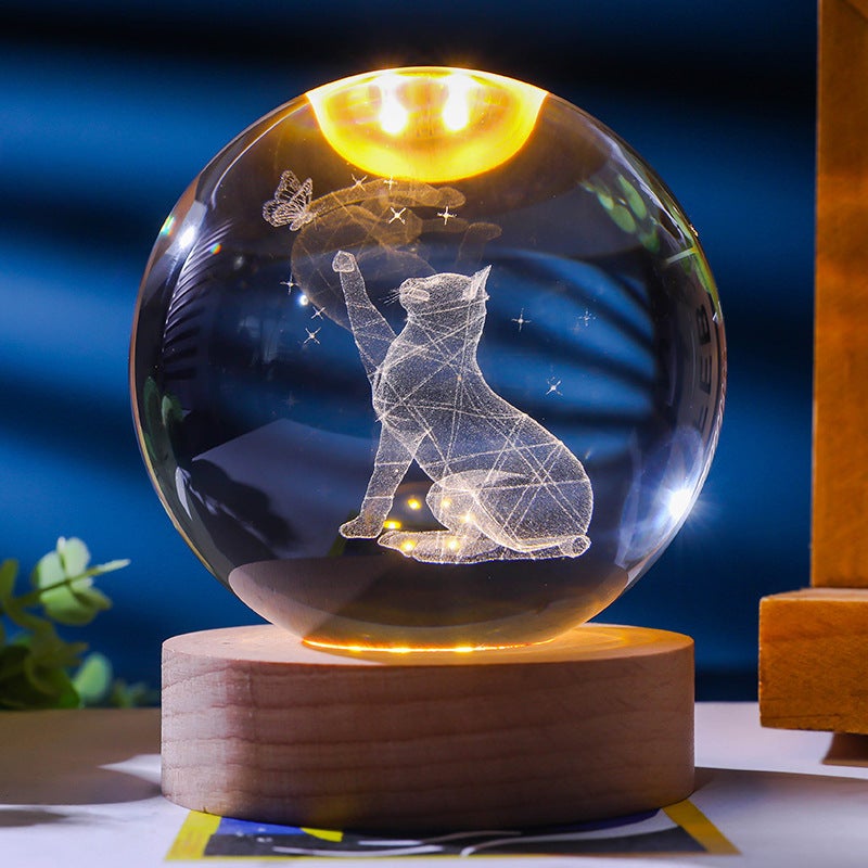 Lampka nocna z kryształową kulą 3D w kształcie kota, figurka kota z podstawą LED, ciepłe światło, doskonały prezent do dekoracji biura (6 cm)