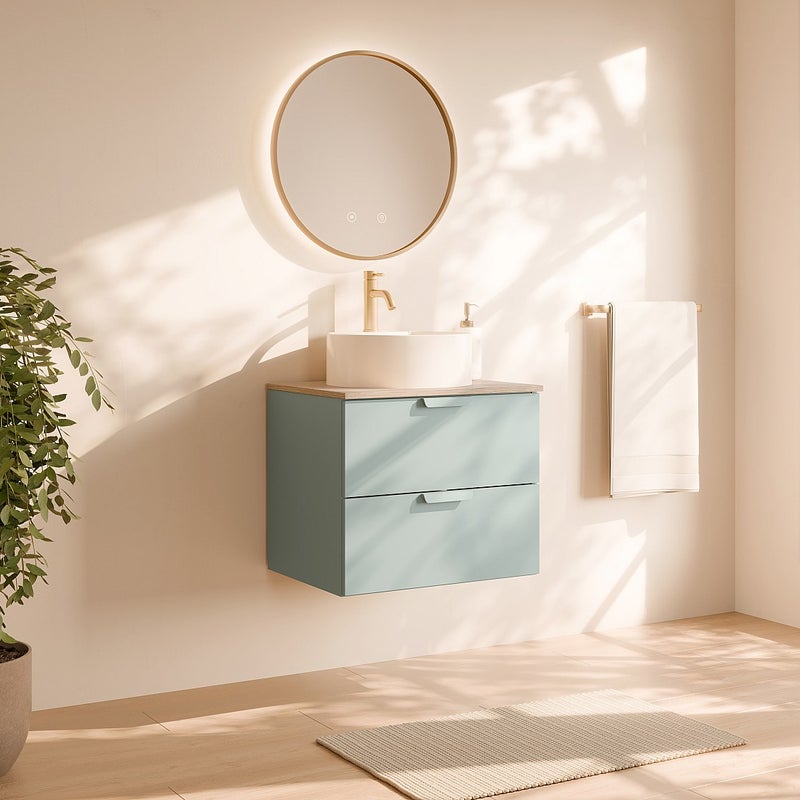 Wisząca szafka łazienkowa z okrągłą umywalką nablatową – Migdałowa zieleń – S60 cm – AVORELI