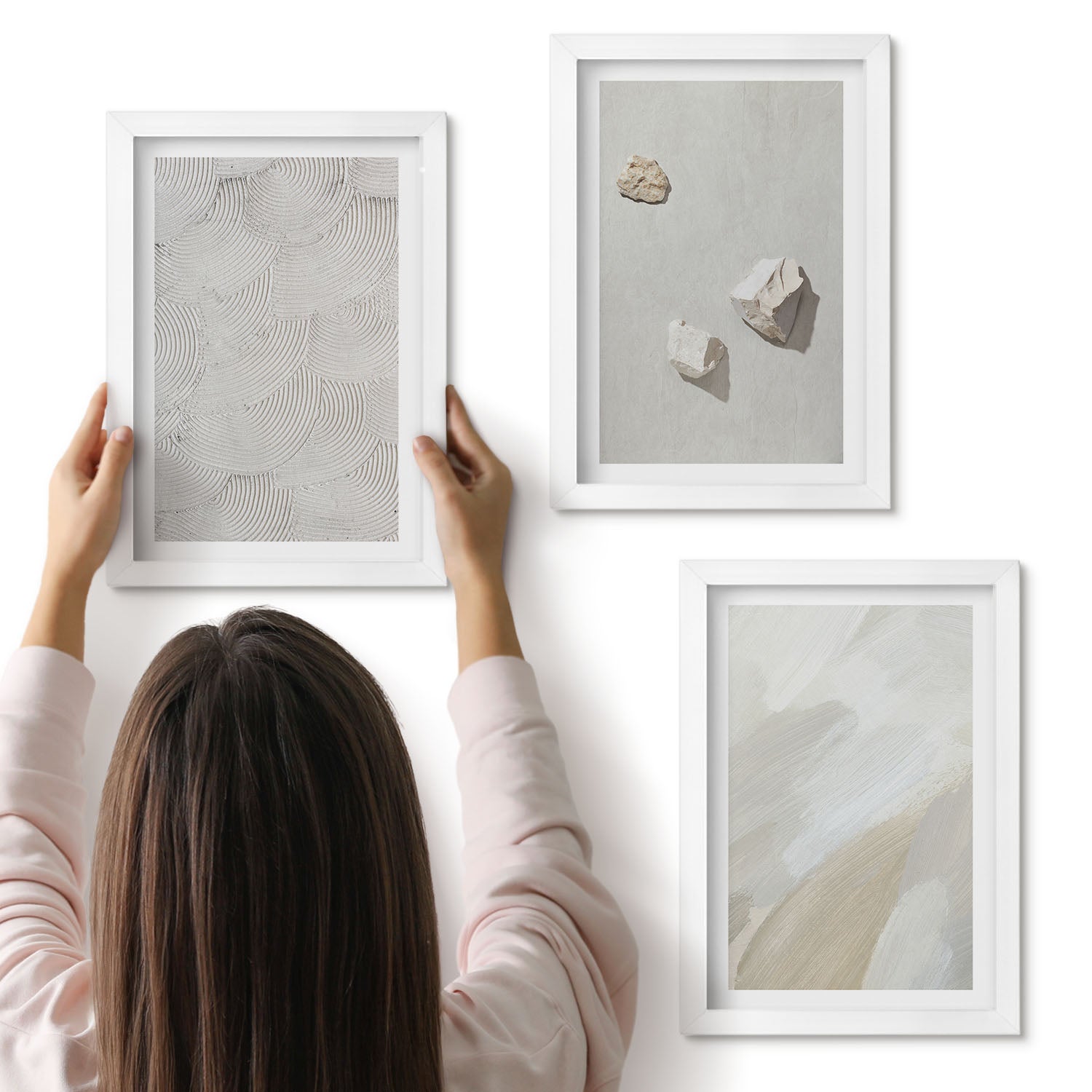 Galeria ścienna 3-częściowy komplet obrazów w białych ramach - Piasek kamienie i nowoczesna tekstura farb - ArtPrintCave