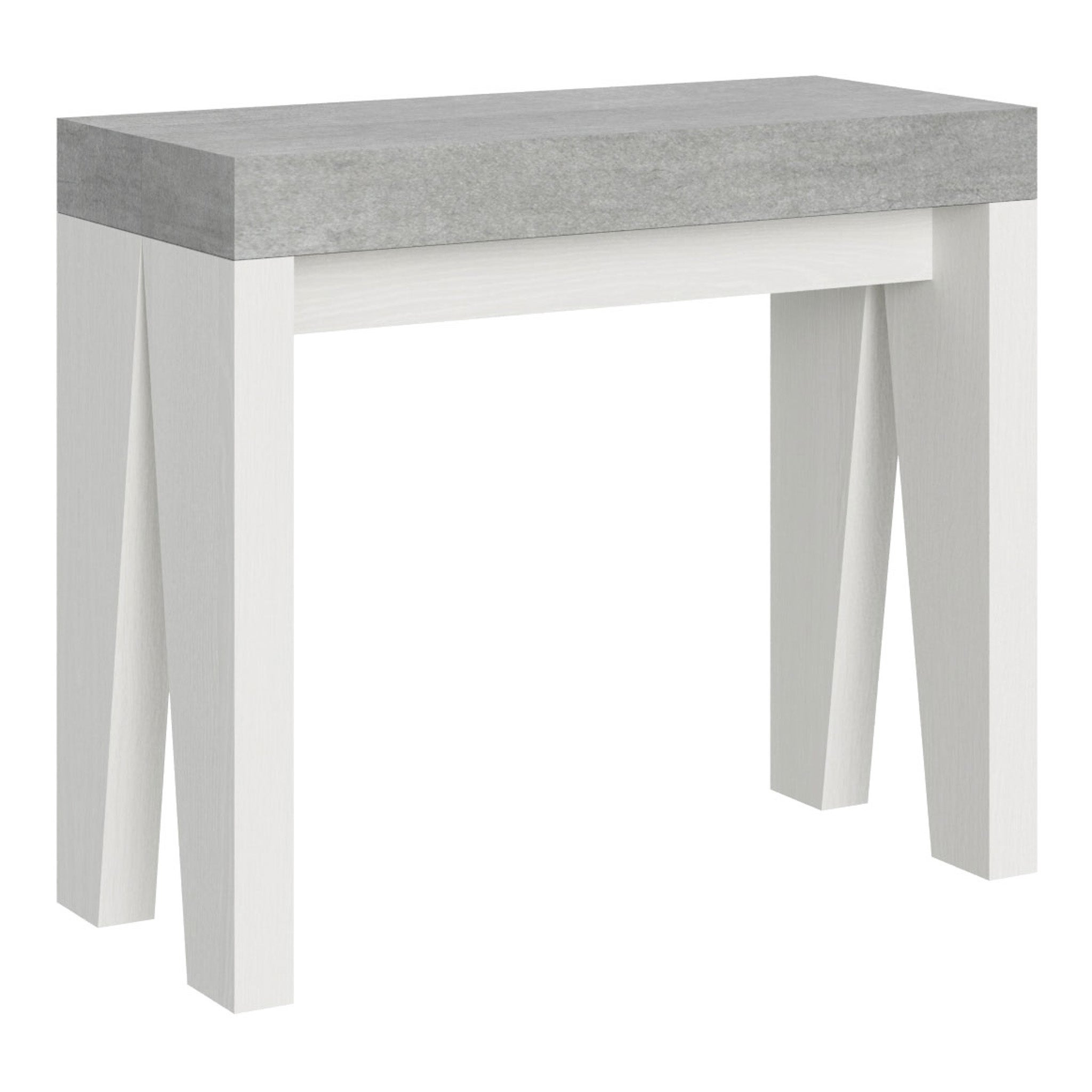 Mesa consola pequeña Naxy Mix con tablero de hormigón y estructura de fresno blanco, 196 cm