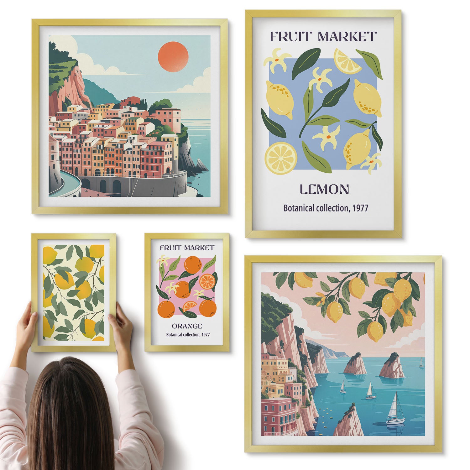 Galeria ścienna 5-częściowy komplet obrazów w złotych ramach - Owocowe motywy i krajobrazy w stylu vintage - ArtPrintCave