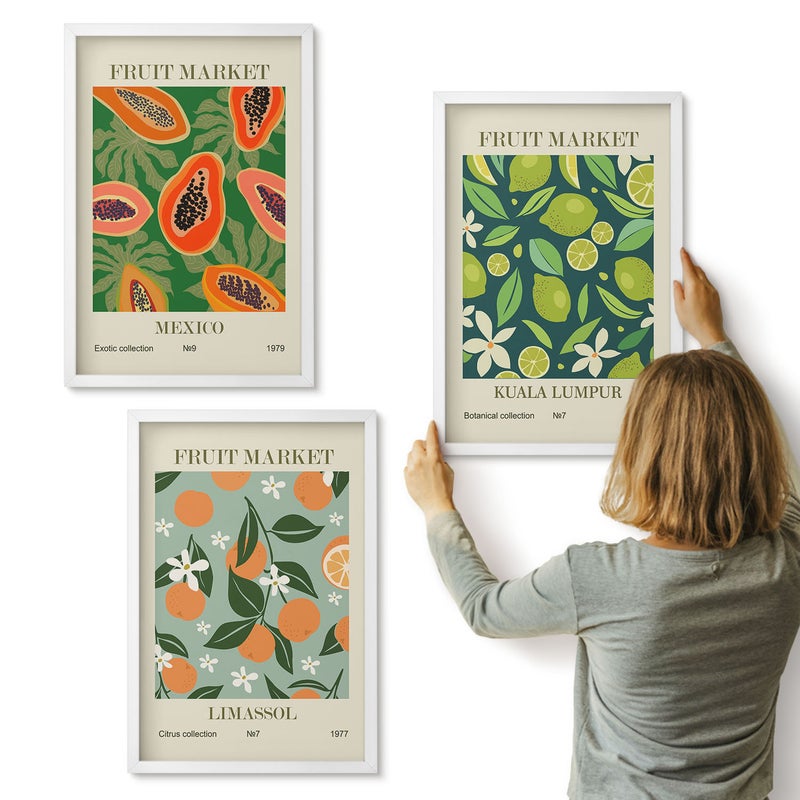 Galeria ścienna 3-częściowy komplet obrazów w białych ramach - Owocowe wzory postery w stylu vintage - ArtPrintCave