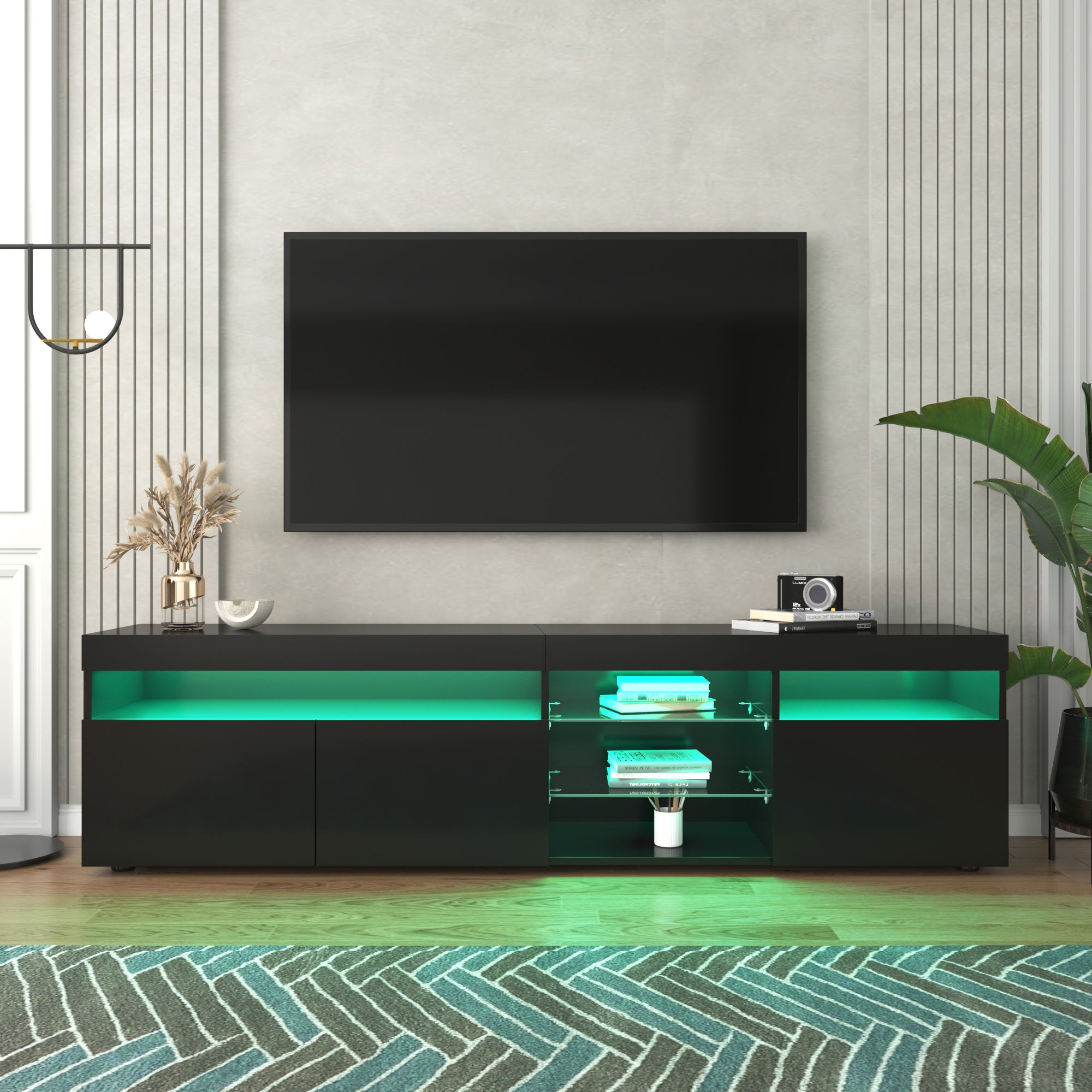 Szafa TV nowoczesna czarna, 180cm, LED zmienna, MDF, salon i jadalnia