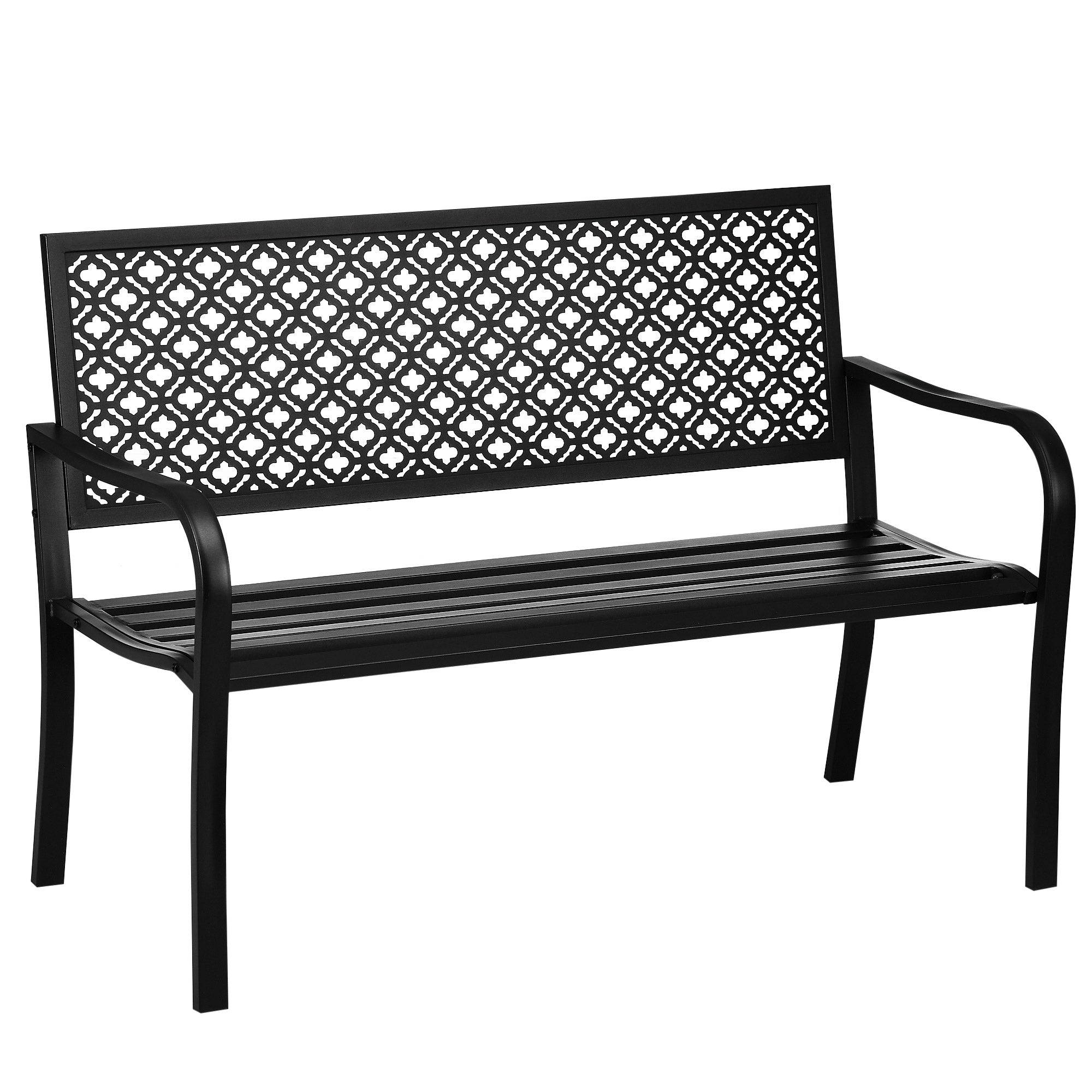 Ławka ogrodowa metalowa, 2-osobowa, wzór kwiatowy, odporna na warunki atmosferyczne, 127 x 63 x 83 cm, kolor czarny
