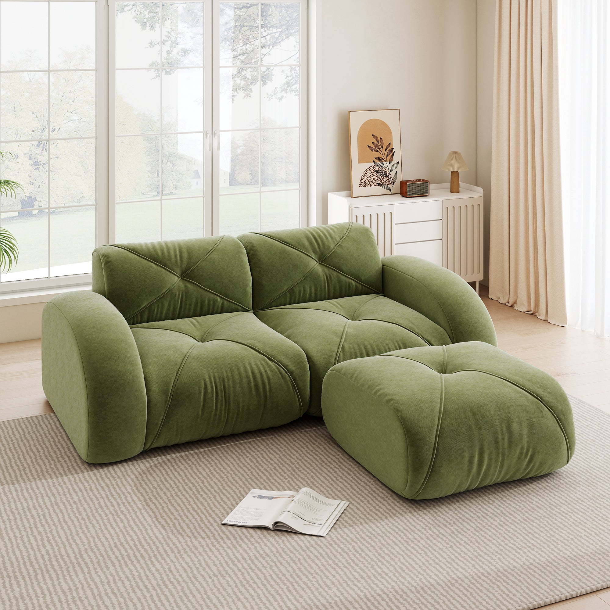 Sofa modułowa, nowoczesna 2-osobowa sofa ze stołkiem, pianka o dużej gęstości 32D, odpowiednia do salonu, tkanina szenilowa przyjazna zwierzętom