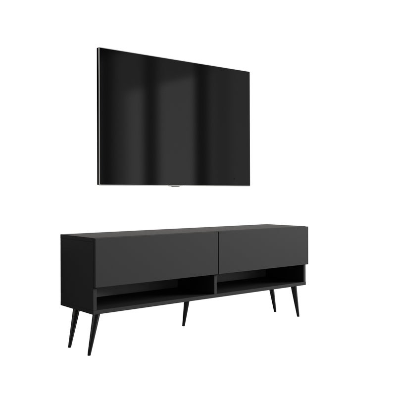 Szafka pod telewizor 140 cm Czarny Mat, nóżki pochyłe czarne, 140 × 32 × 52 cm