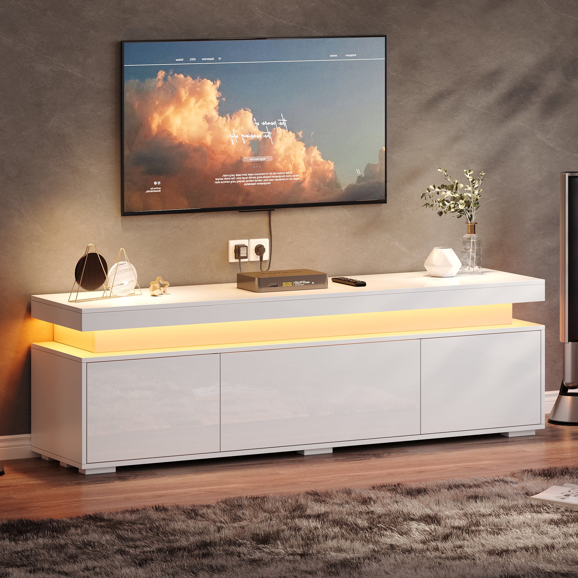 Stolik pod TV z 3 drzwiami - 150 x 35 x 43 cm - Płyta wiórowa - Diody LED - Biały