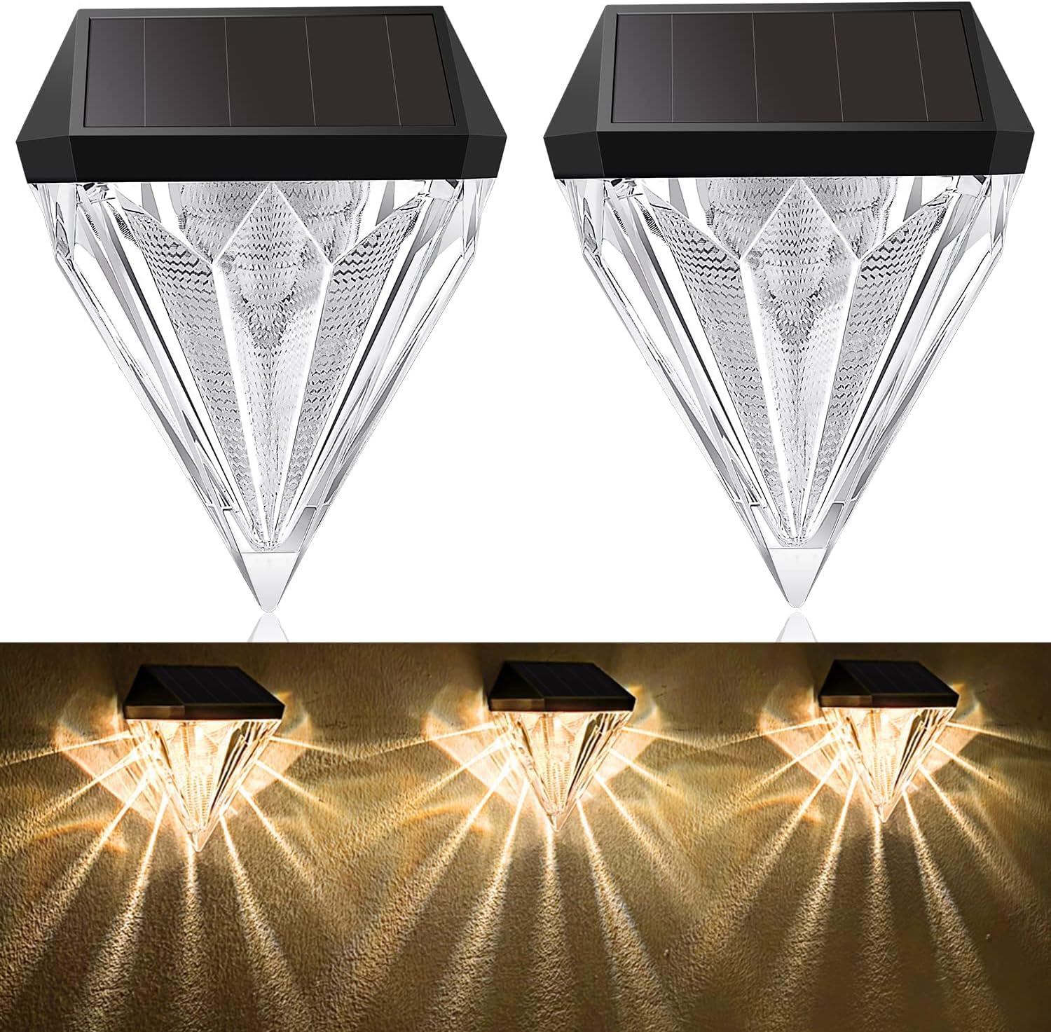 Zestaw 2 dekoracyjnych lamp solarnych IP44 do ogrodzenia, tarasu i schodów, ciepłe białe światło – design diamentowy