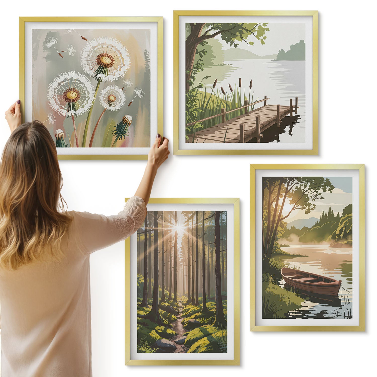 Galeria ścienna 4-częściowy komplet obrazów w złotych ramach - Spokojne krajobrazy lasu i jeziora z łódką - ArtPrintCave