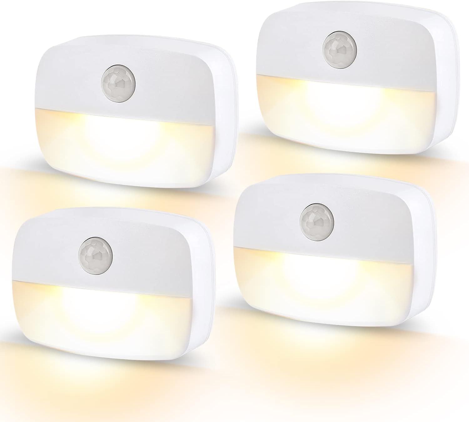 Lampki nocne LED z czujnikiem ruchu, zestaw 4 szt., oświetlenie wewnętrzne do korytarzy, szaf i pokojów dziecięcych, ciepłe białe światło