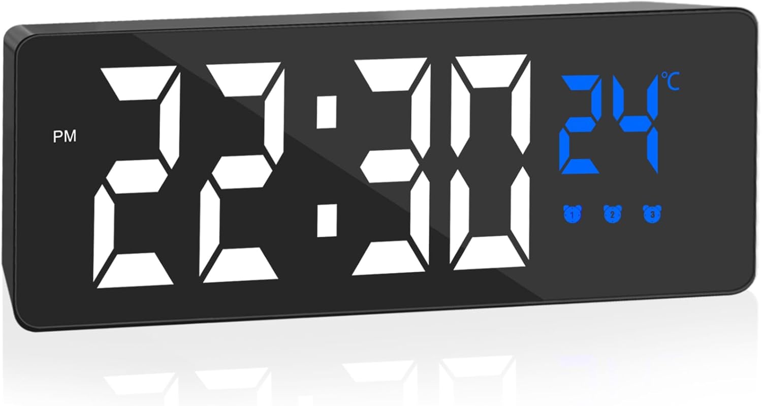 Cyfrowy budzik, duży ekran z wyświetlaczem temperatury, zegar nocny, budzik zasilany przez USB, budzik z 3 trybami drzemki, czas 12/24-godzinny, autom