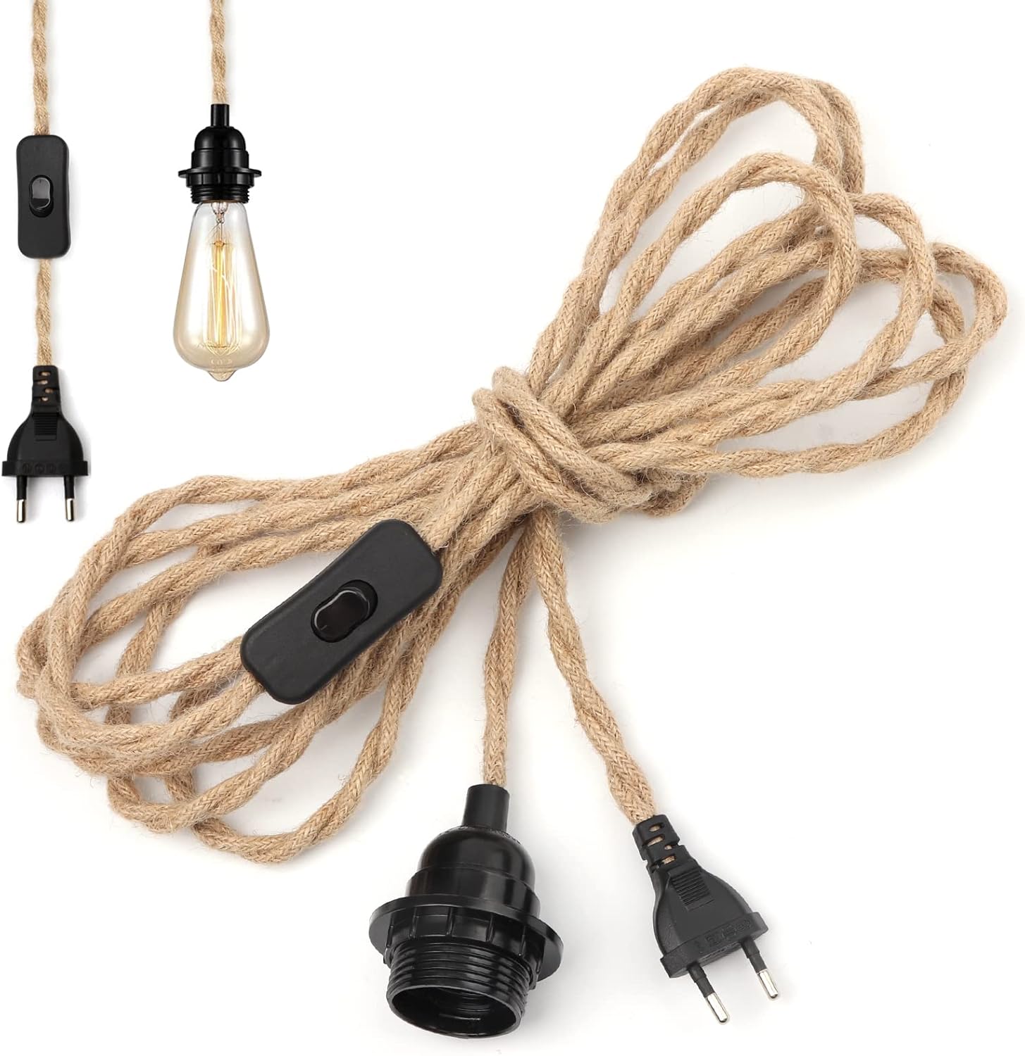 Kabel do żyrandola z liny konopnej 4,5 m, włącznik z gniazdem E27 z przewodem, kabel do żarówki, do wiszących lamp w stylu industrialnym DIY, wiszący