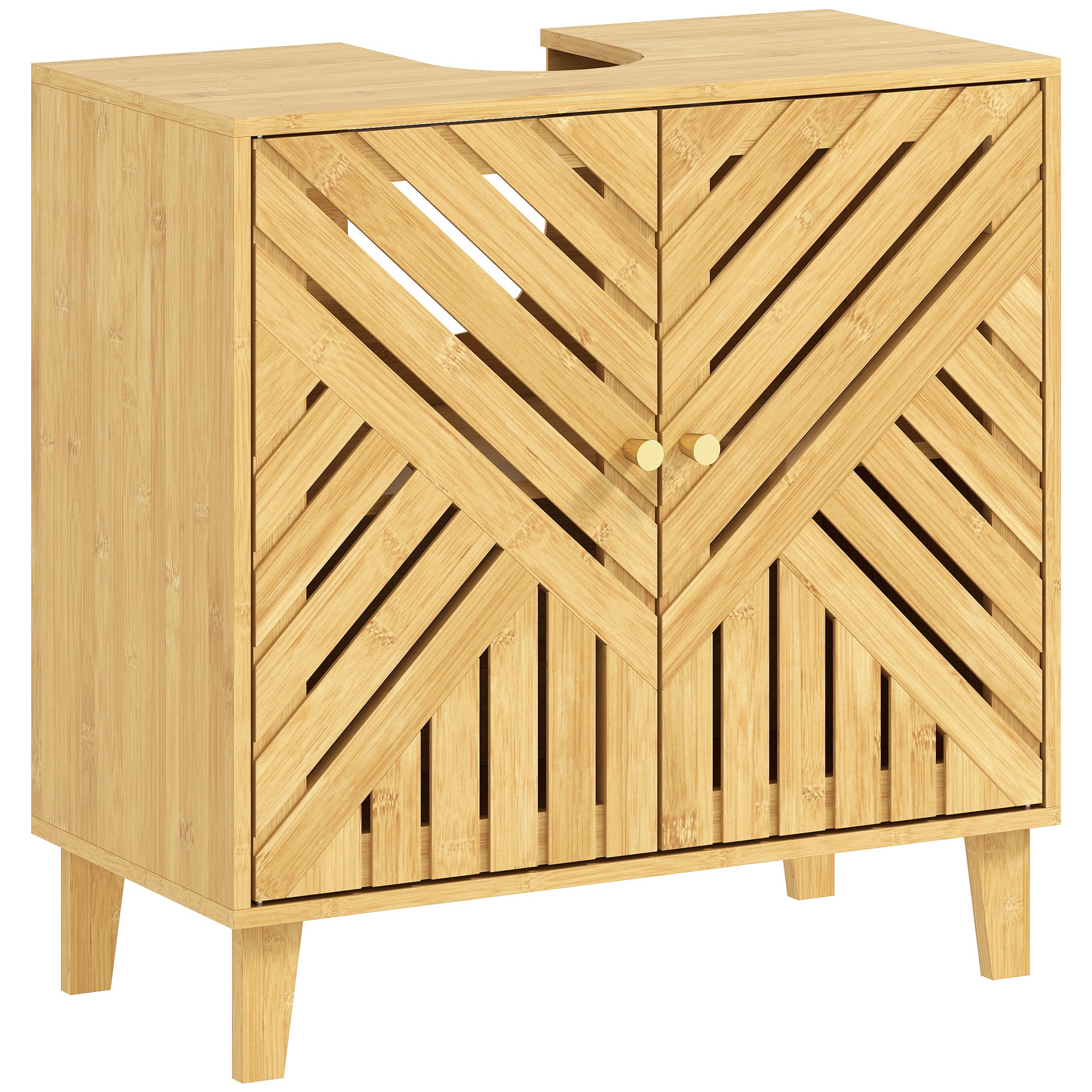 Szafka pod umywalkę, szafka łazienkowa bambusowa z regulowaną półką i drzwiami listwowymi, 60 x 30 x 60 cm, kolor naturalny
