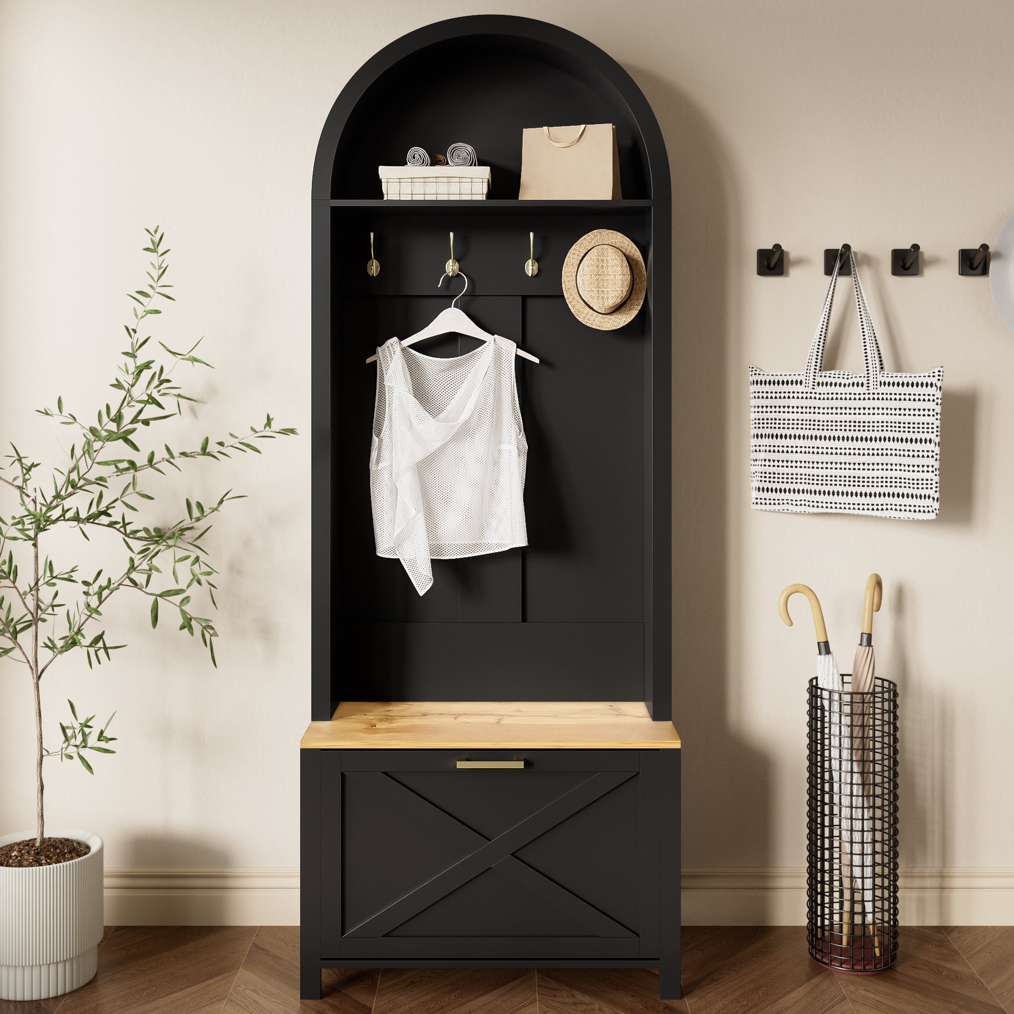 Zestaw szaf do przedpokoju 75 x 35 x 195 cm – Z półką na buty i wieszakami – Z półkami – Czarny i naturalny