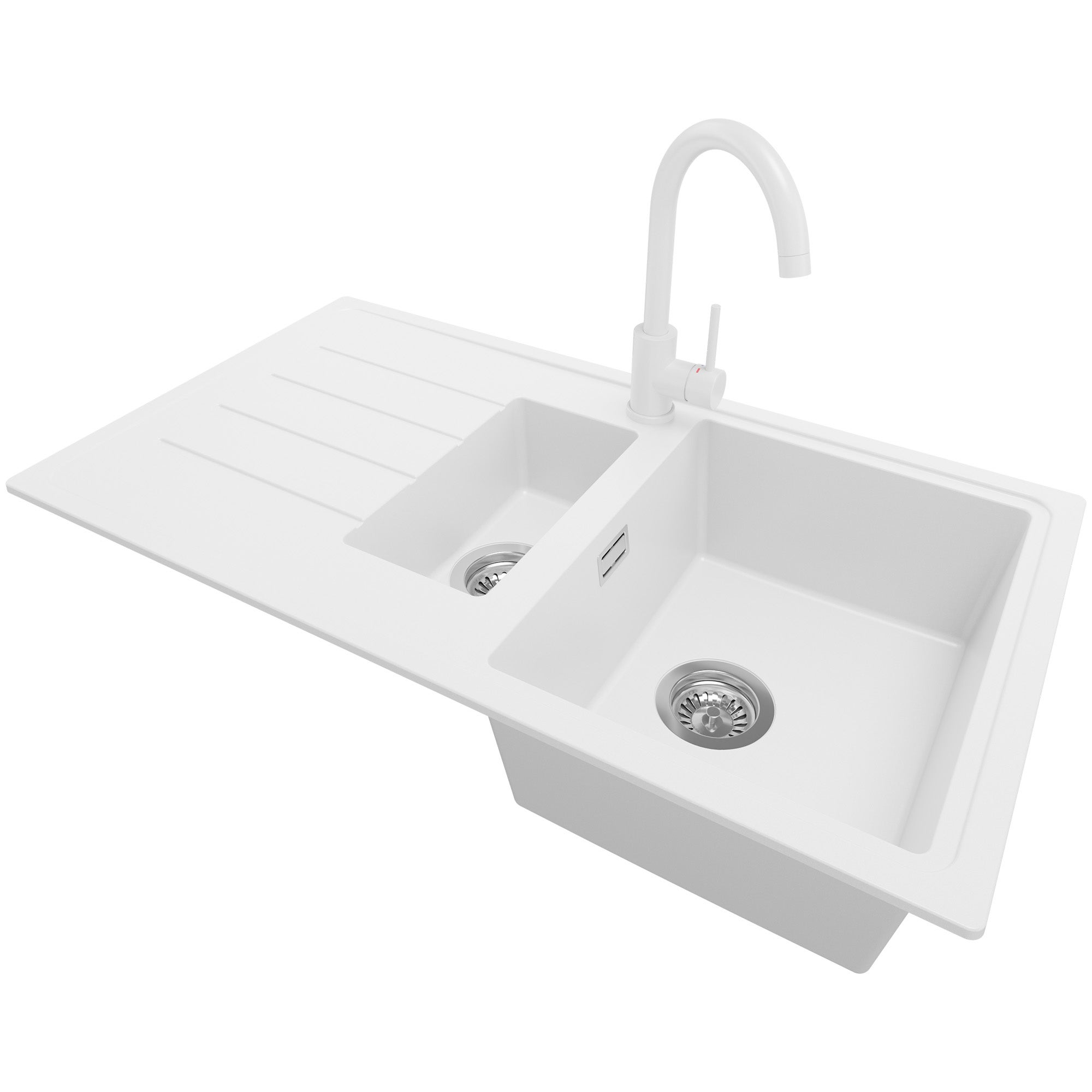 Zlewozmywak Granitowy Biały 90x50cm, Zlew Kuchenny 1,5 Komorowy + Bateria 32x20cm + Syfon, Nablatowy do szafki od 60cm - Kopenhaga Duo PRIMAGRAN
