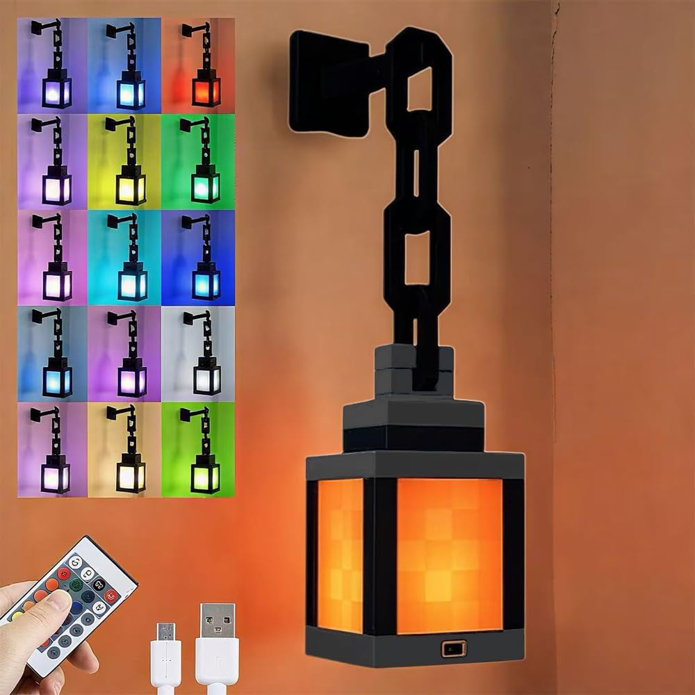 Lampka nocna Pixelated Lantern z 16 kolorami LED, pilotem, lampką stołową ładowaną przez USB i lampką ścienną z łańcuchem, do sypialni