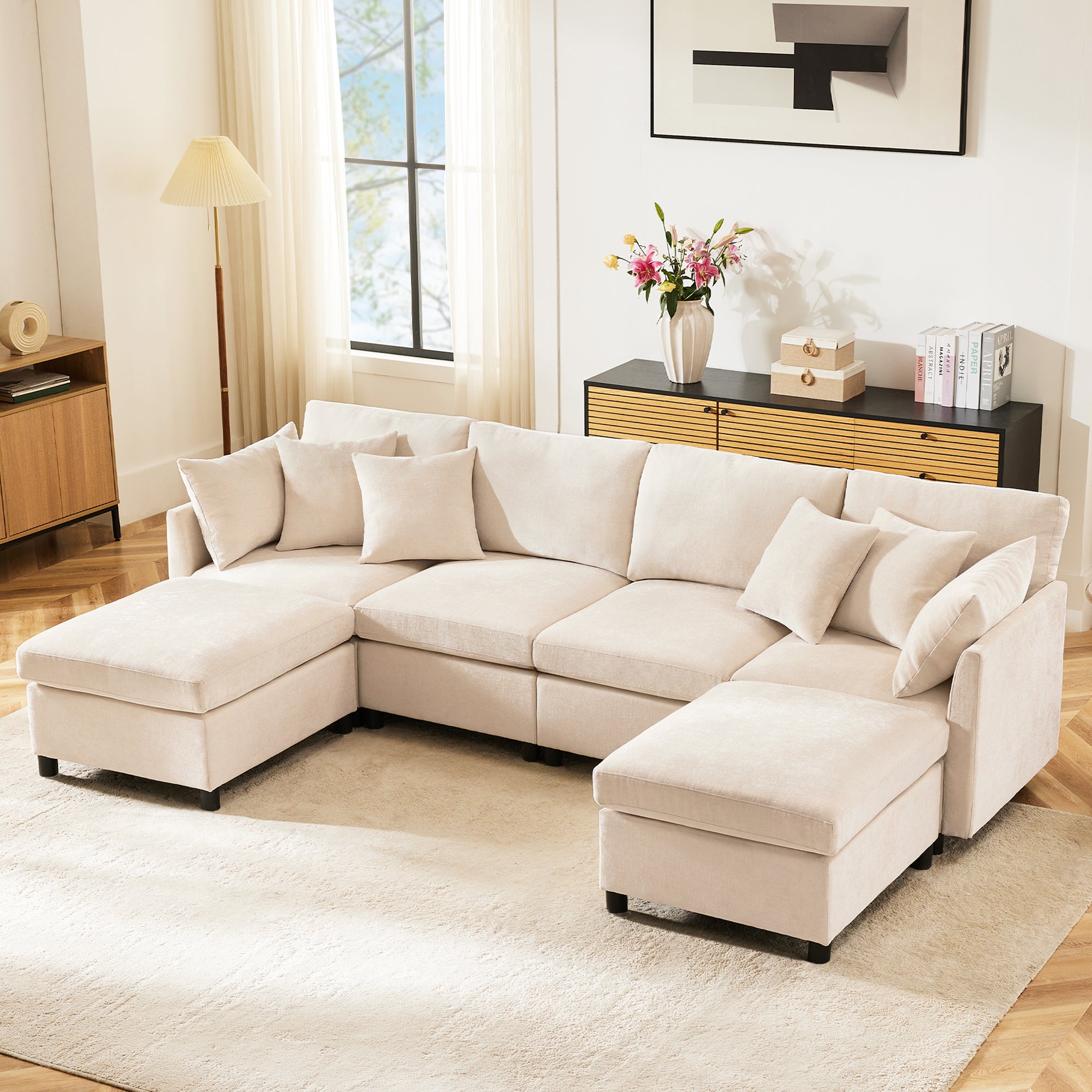 Nowoczesna 4-osobowa sofa narożna z podnóżkiem - 278 x 161 x 81 cm - tkanina szenilowa - beż