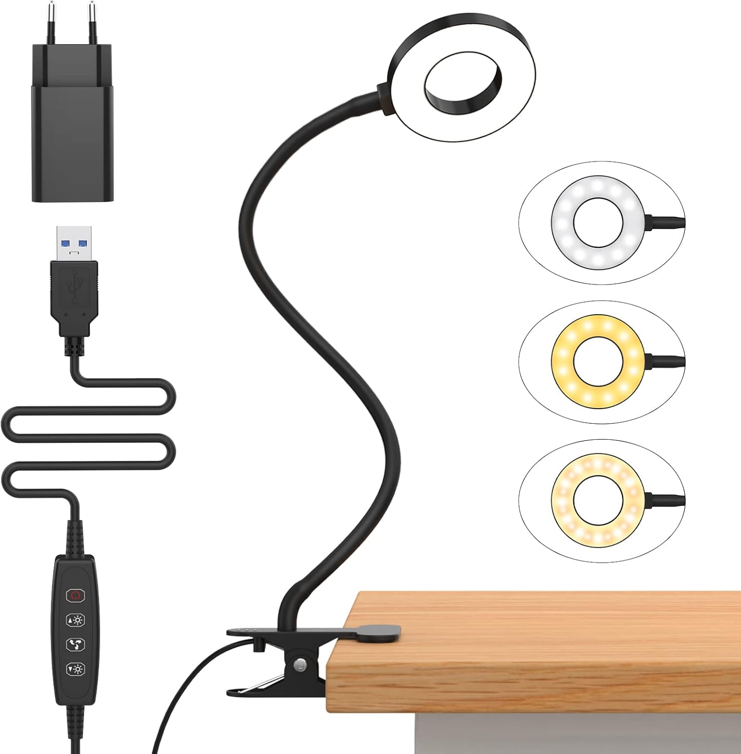 Lampa biurkowa z klipsem 7 W i adapterem USB [3 tryby oświetlenia i 10 poziomów jasności] Lampa do czytania z elastycznym klipsem 360°, 50 cm