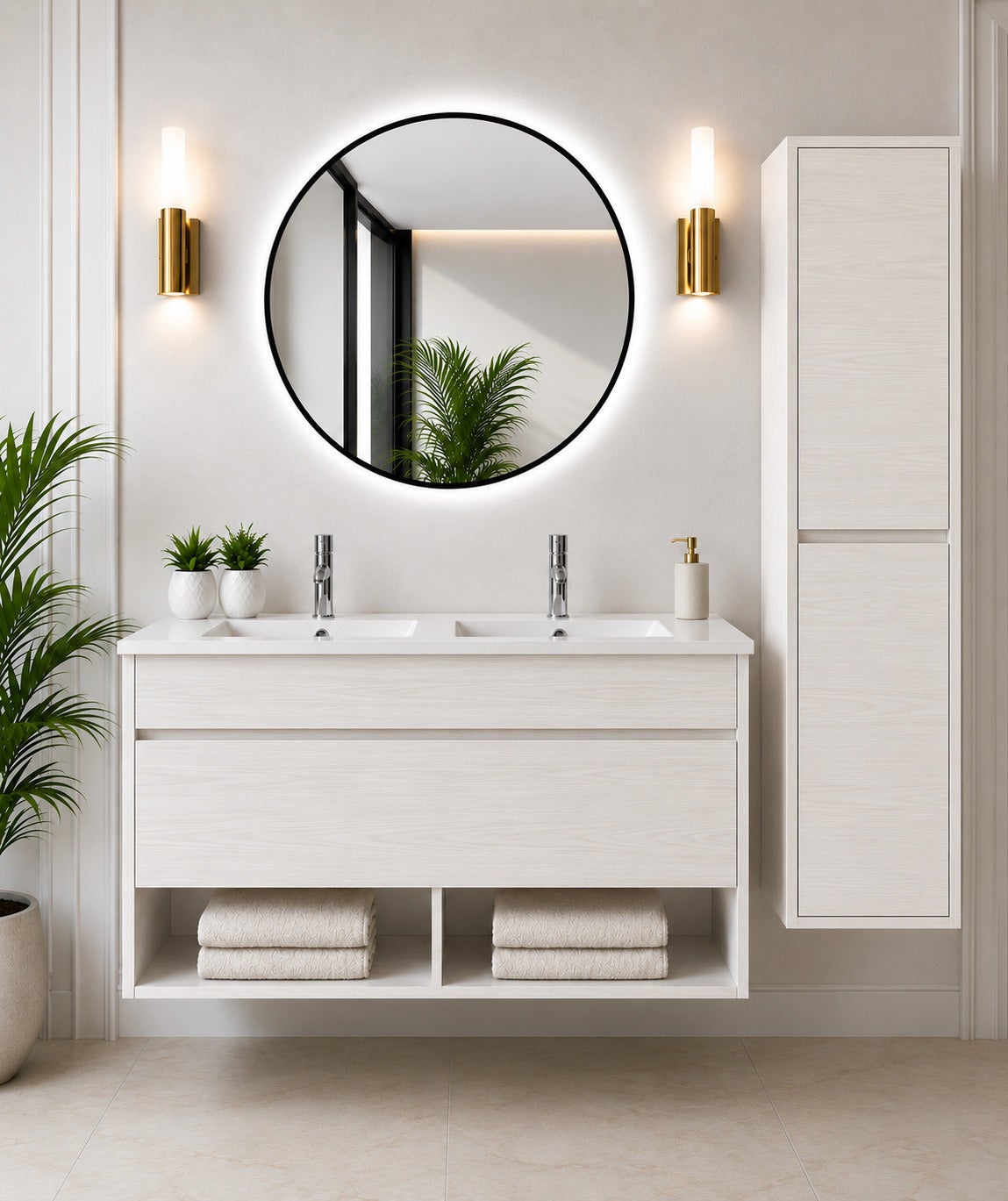 Wisząca szafka łazienkowa z umywalką ORIGENBATH NEBARI z szufladą z kolumną 120x45 cm podwójna umywalka biały nordycki z kolumną