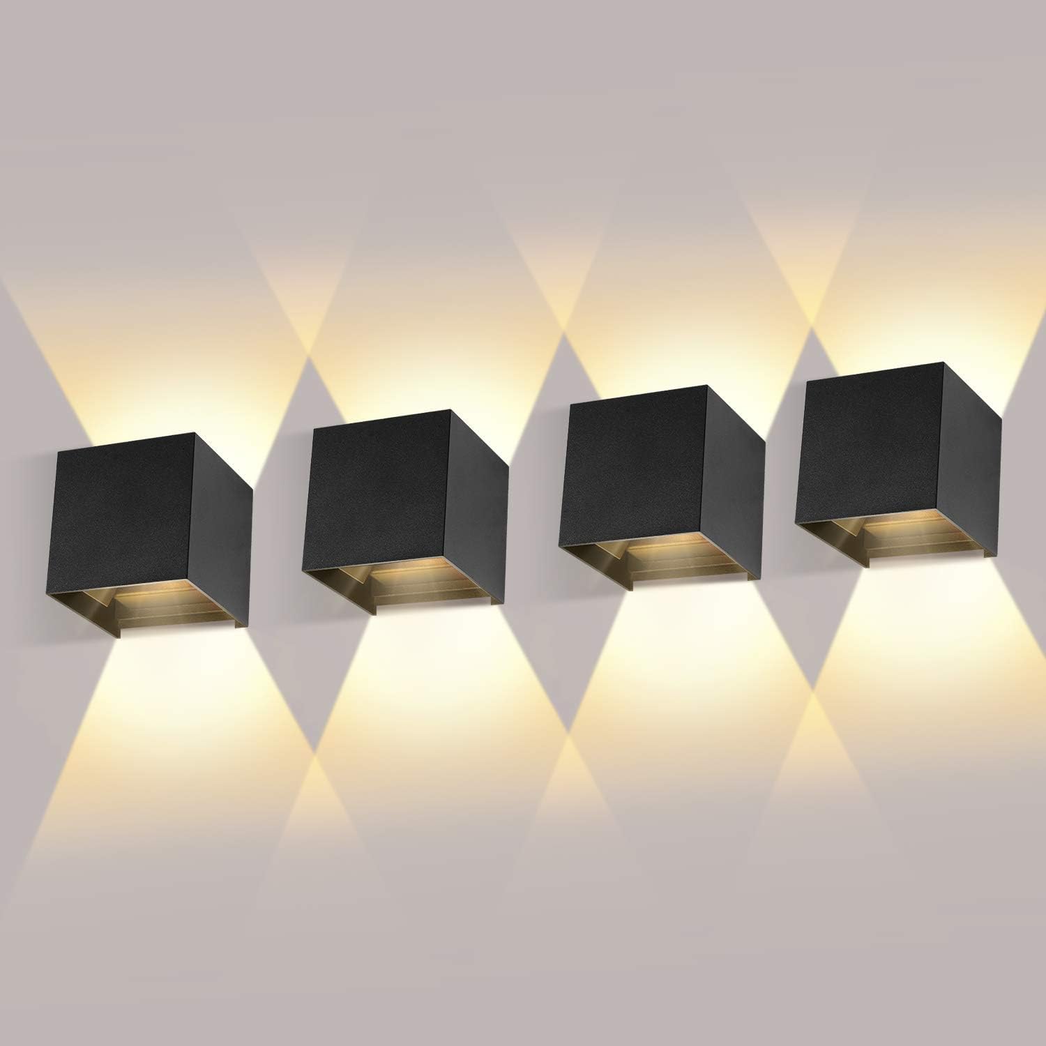 Zestaw 4 lamp ściennych do użytku wewnątrz i na zewnątrz z regulowanym kątem świecenia, lampy ścienne LED 12 W, ciepła biel 3000 K, czarna lampa ścien