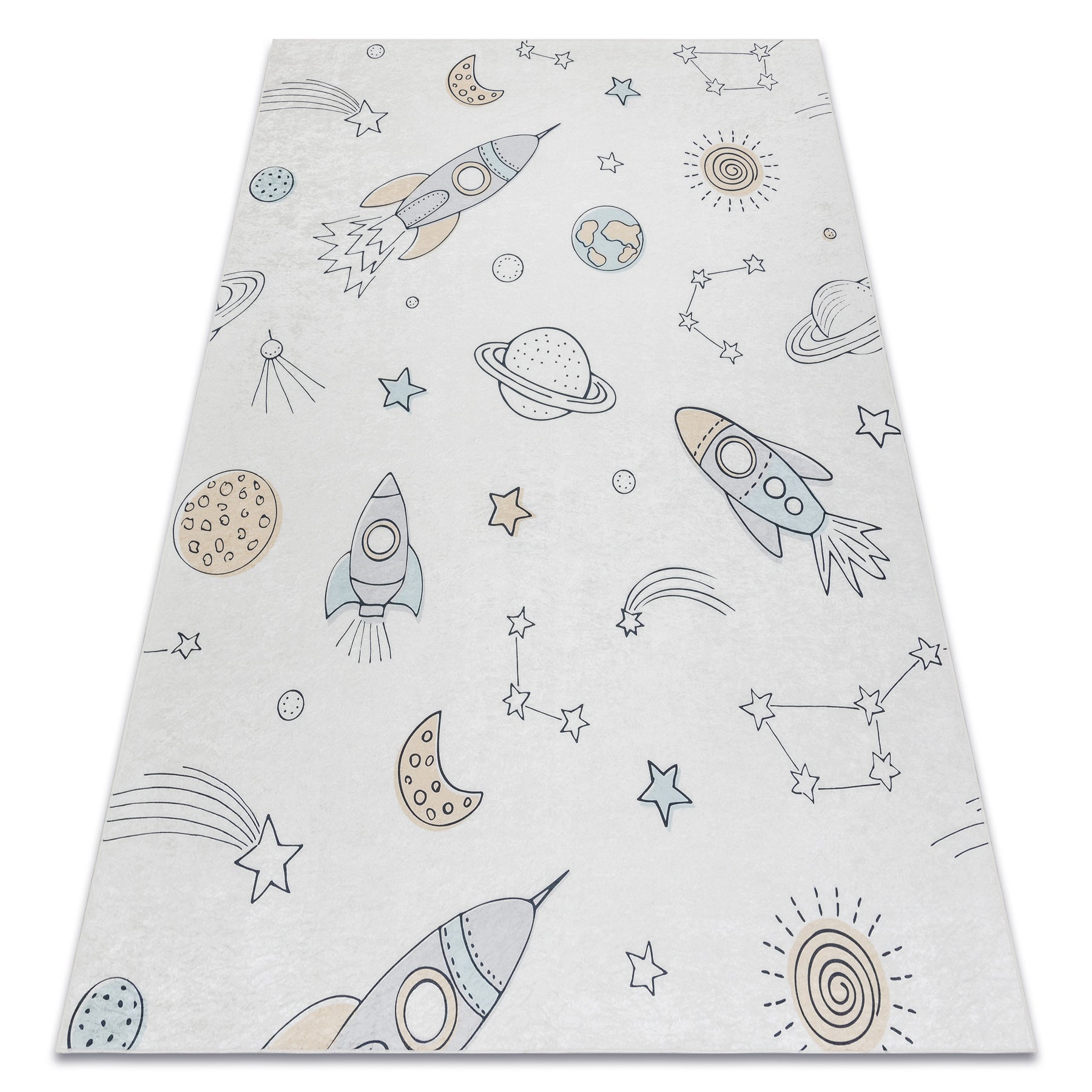 Dywan do prania BAMBINO 1278 Kosmos, rakieta dla dzieci, antypoślizgowy - krem 140x190 cm
