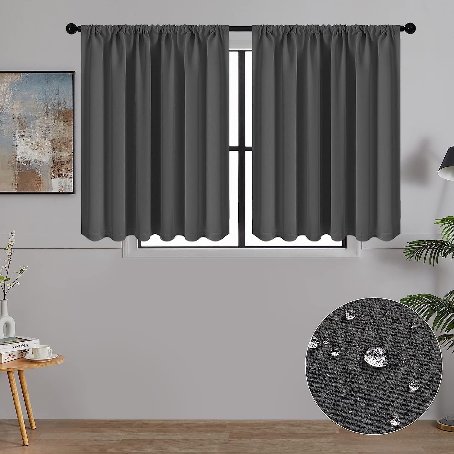 Mała, szara, zaciemniająca zasłona kuchenna 40x60 cm, wodoodporna, krótka, termiczna, izolująca przed zimnem i ciepłem, kieszeń na pręt, 2 sztuki
