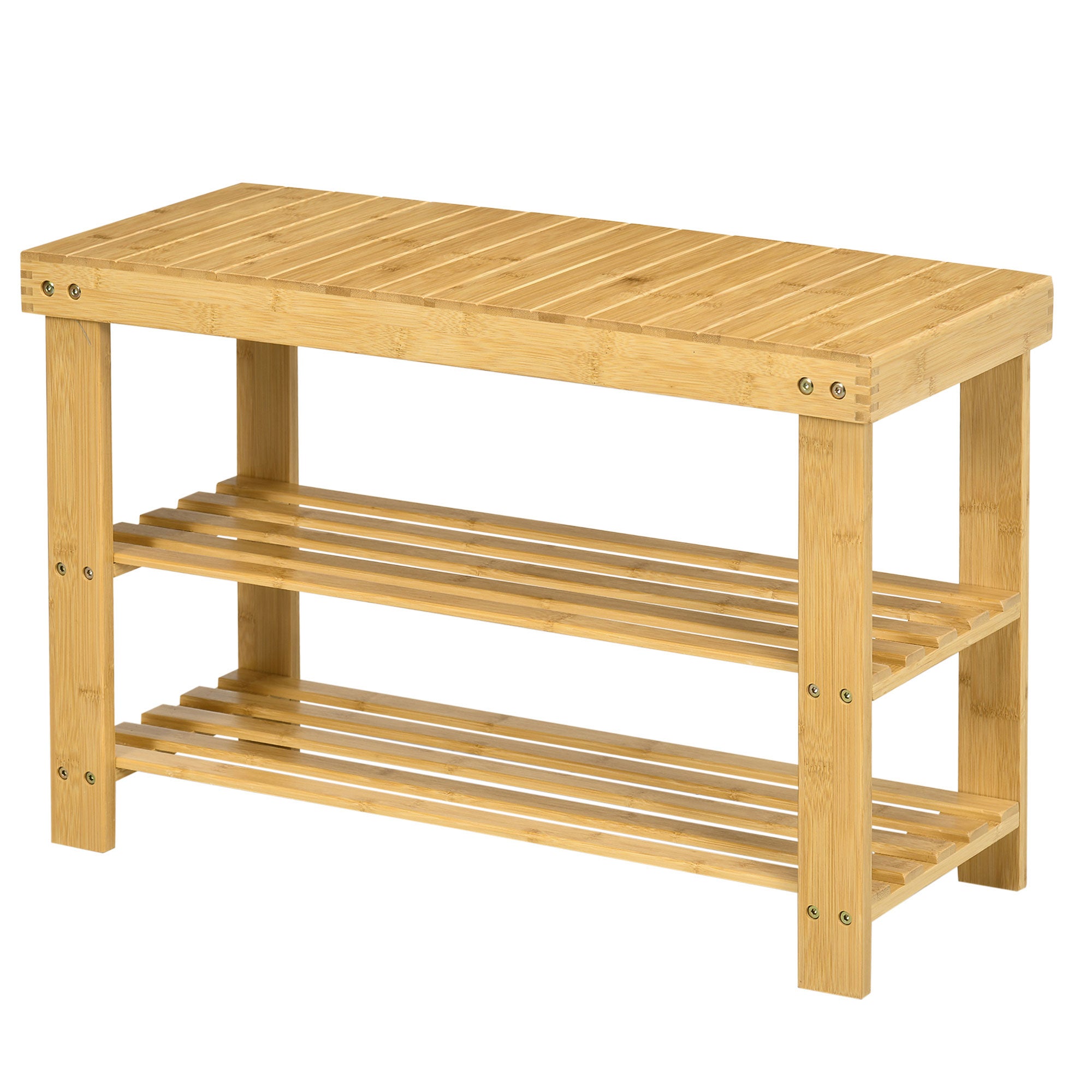 Ławka na buty, 3 półki, miejsce na 6 do 9 par butów, do 130 kg, bambus, 70 x 28 x 45 cm