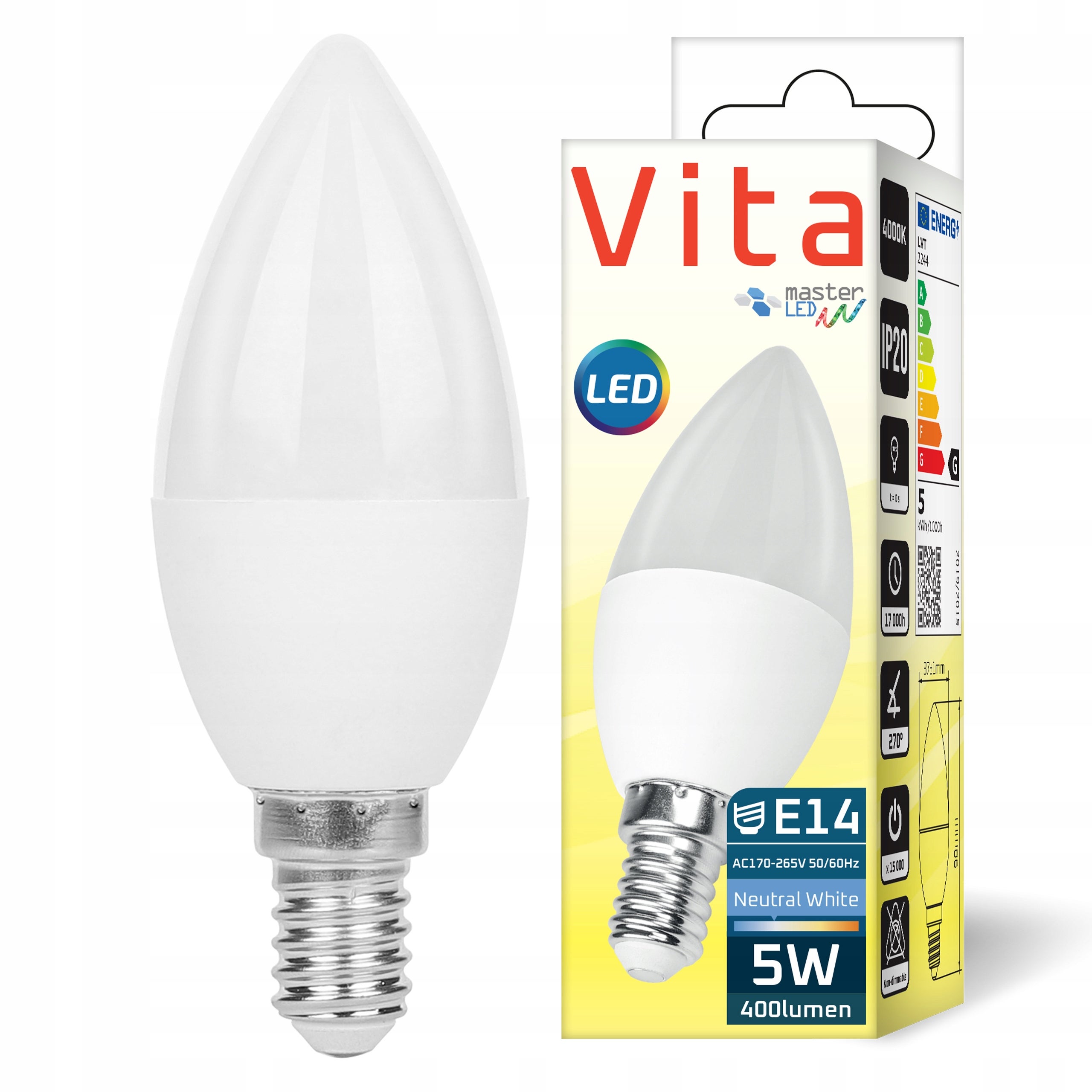 Żarówka LED E14 Vita C37 5W 4000K neutralna biel 400lm mocna MasterLED