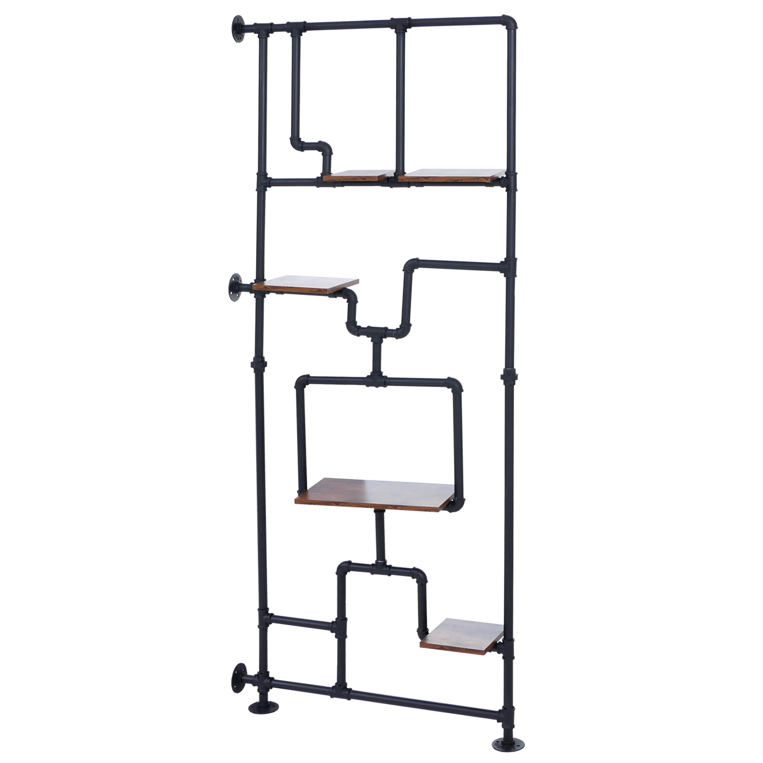 Przegroda z półką HWC-P10, półka do salonu, półka do przechowywania, industrialna metalowa melamina MVG 203x80x20cm ~ ciemnobrązowa