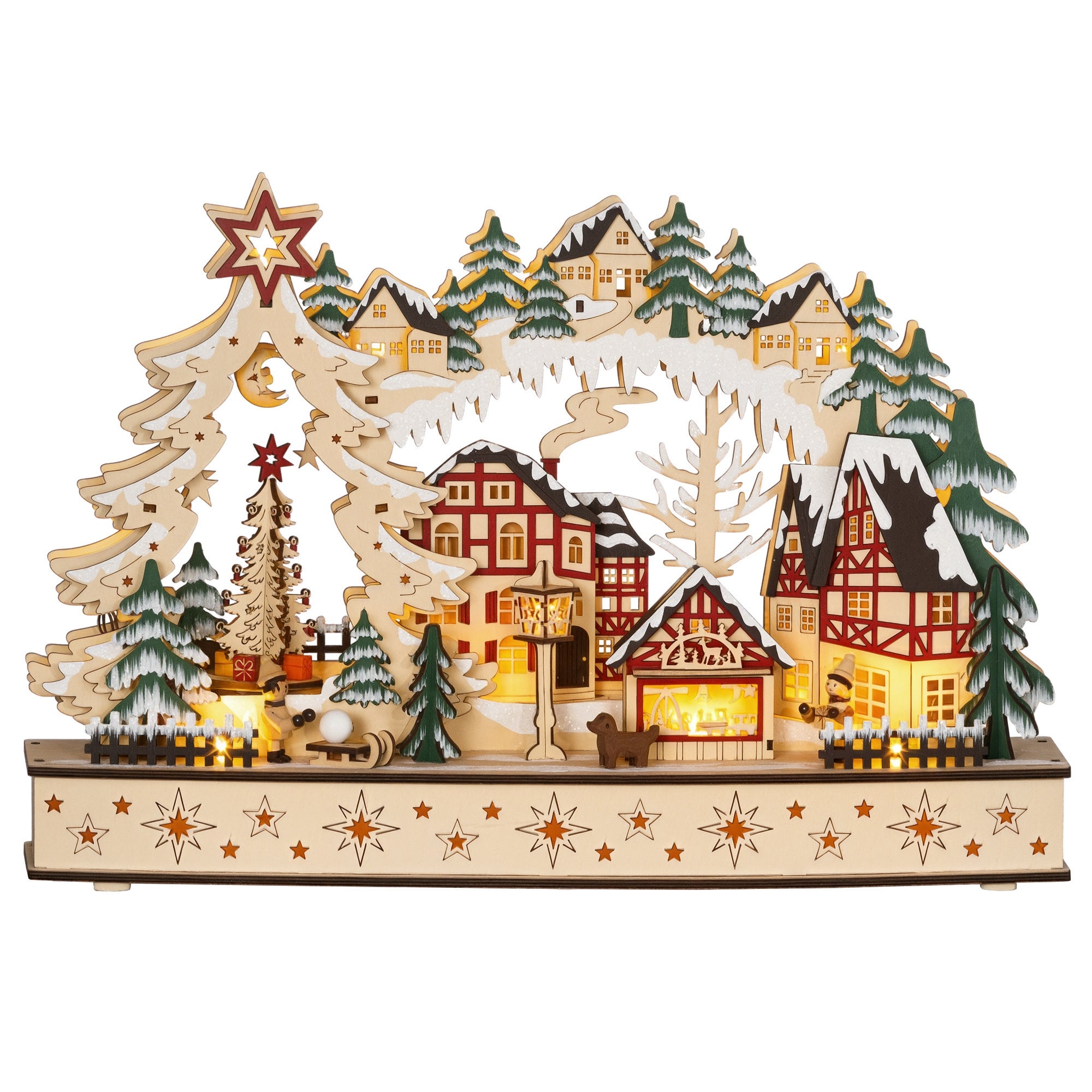 Jasna wioska bożonarodzeniowa, żywa drewniana wioska bożonarodzeniowa, z 20 diodami LED, śnieżny krajobraz, 45L x 12L x 30H cm, naturalne drewno