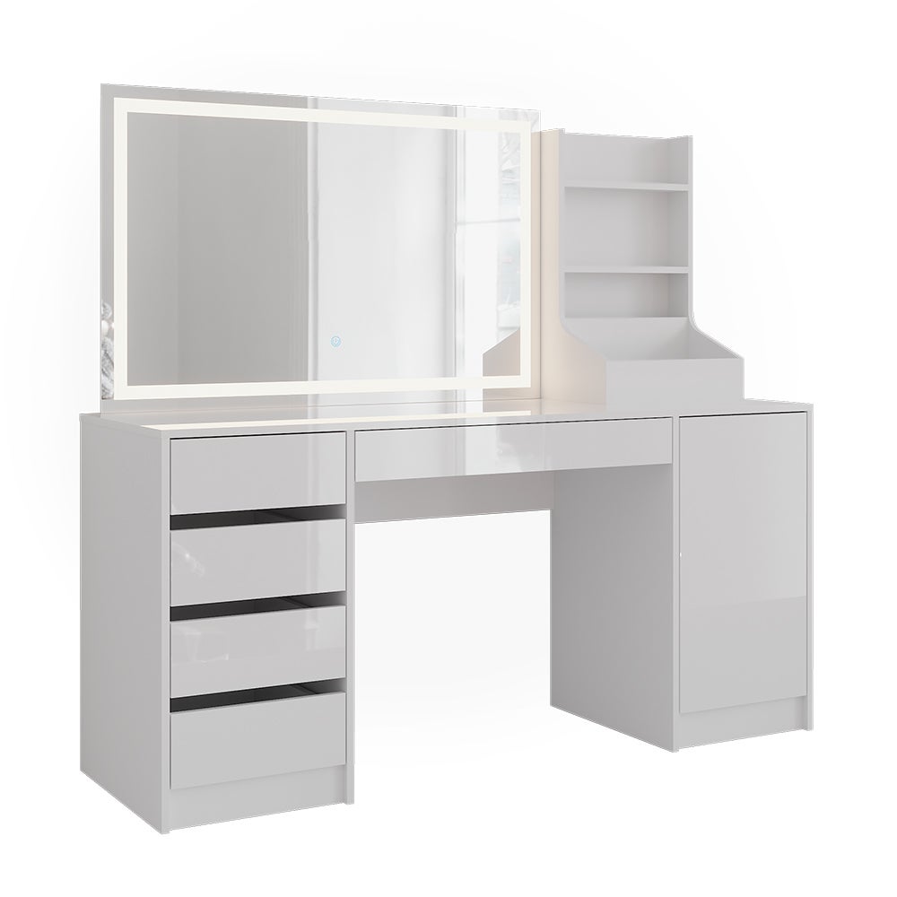 Vicco Stół toaletowy Sherry, Biały/Biały wysoki połysk, 158.2 cm z lusterkiem LED