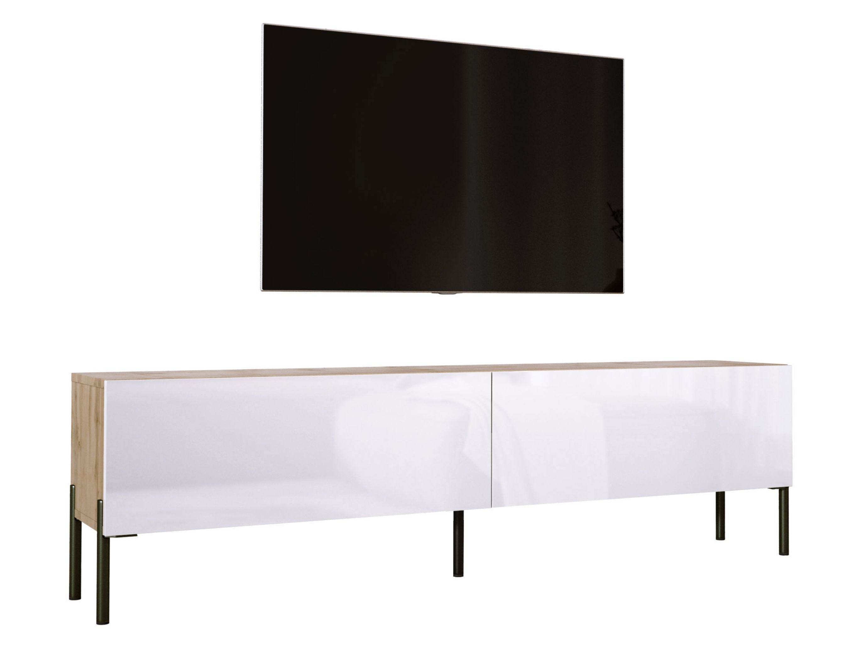 Szafka RTV: Dąb Wotan / Biały Połysk, nogi czarne, 170 x 52 x 32 cm