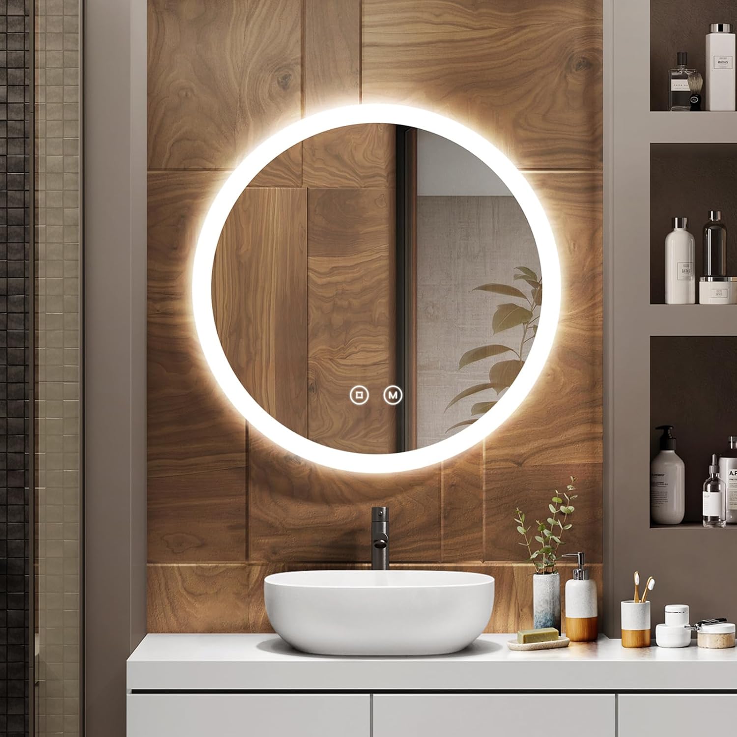 EMKE Okrągłe Lustro łazienkowe z oświetleniem LED 60 cm, z 3 barwy światła, możliwość ściemniania, przeciwmgielne, funkcja pamięci, IP44
