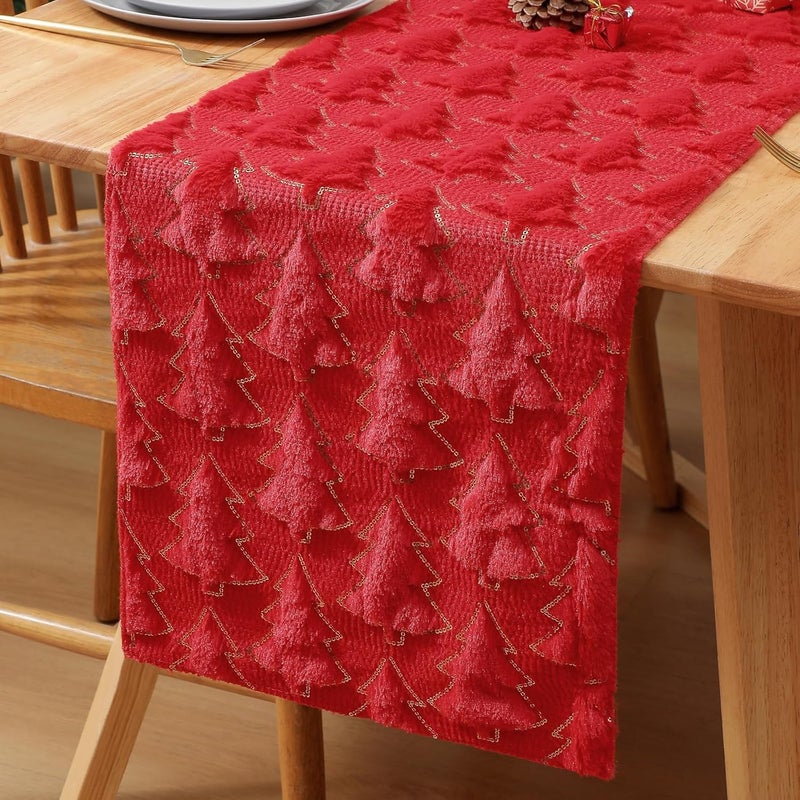 Miękki, pluszowy bieżnik na stół w kształcie choinki 3D, 33 x 183 cm, czerwony, nowoczesny, zimowy bieżnik, zmywalny, syntetyczny, żakardowy aksamit.